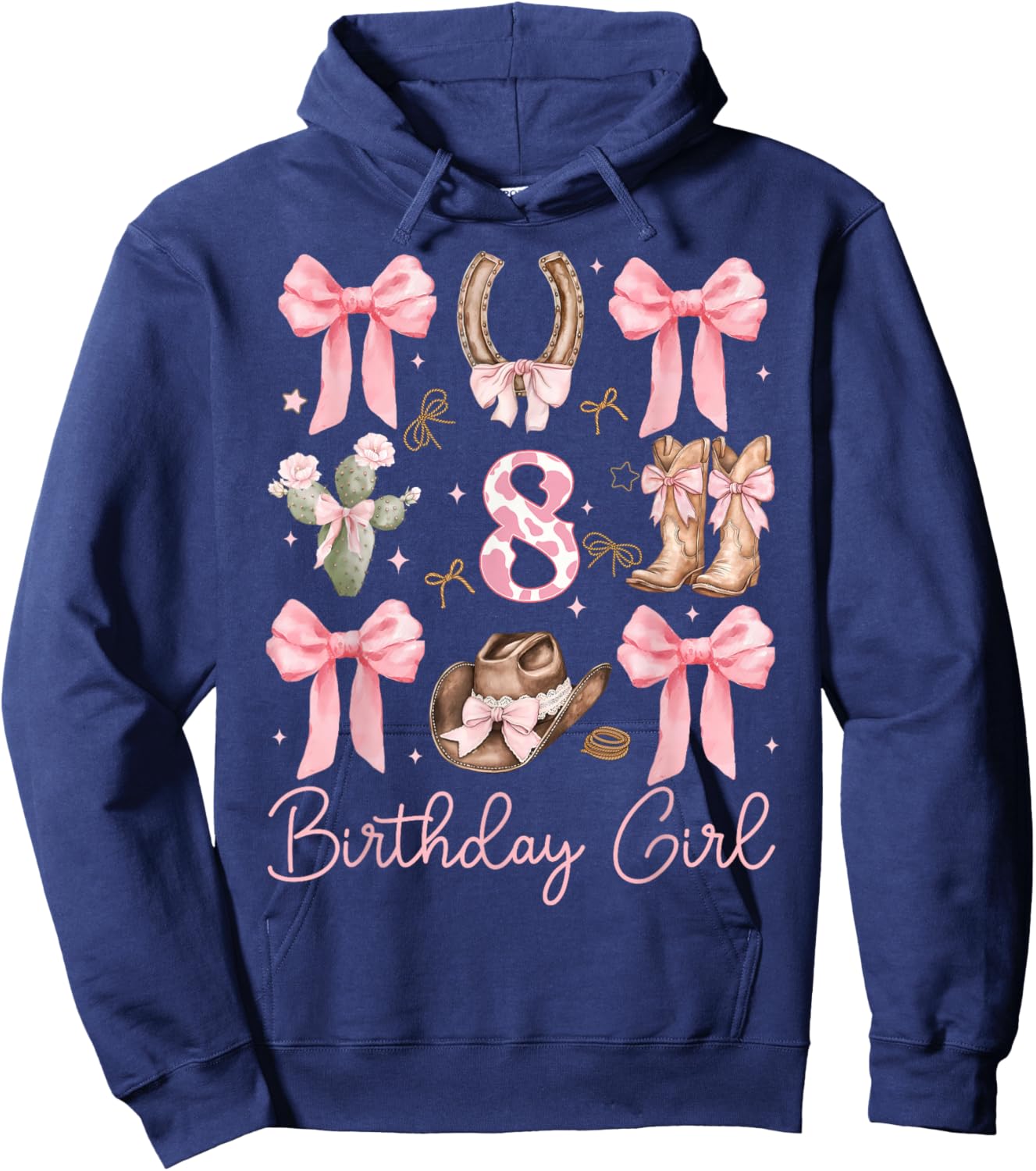 8th Birthday Girl Cowgirl Coquette Bow 8 Year Old Western Hoodie - Hoodie | Navy