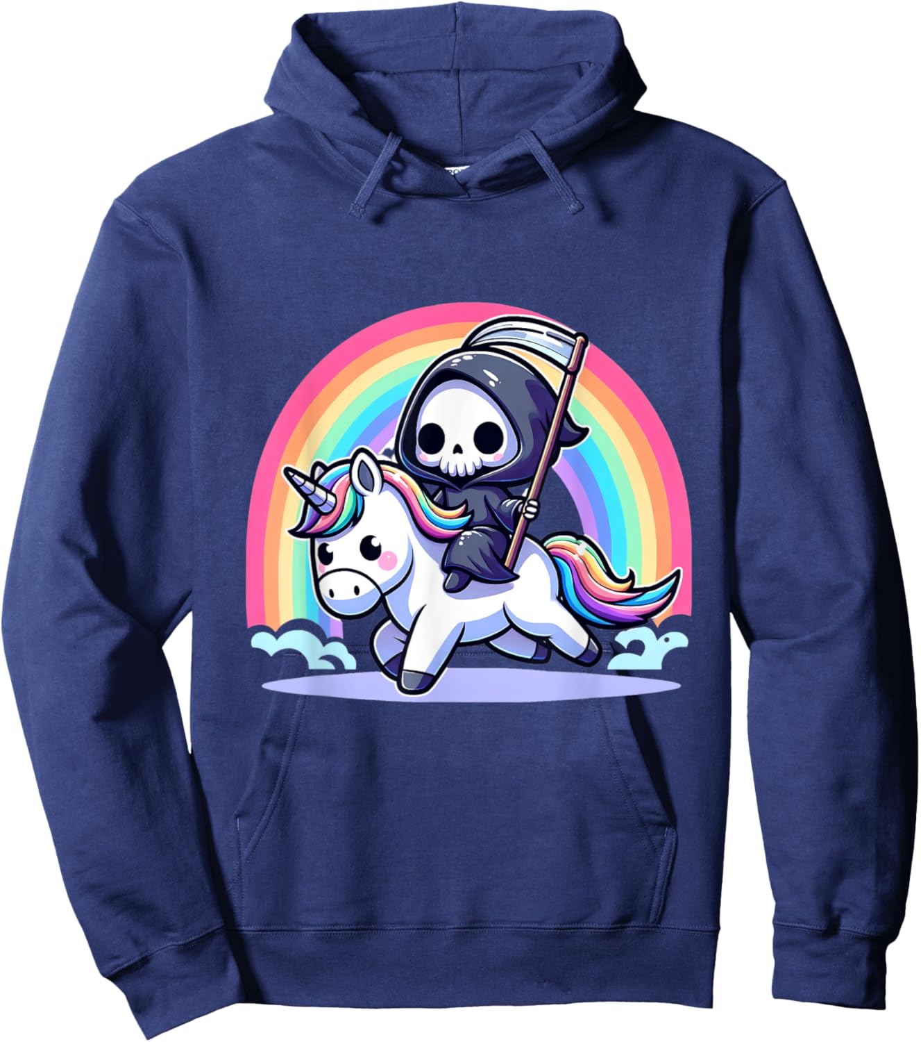 Grim Reaper Riding Unicorn Funny Rainbow Heavy Metal Hoodie - Hoodie | Navy