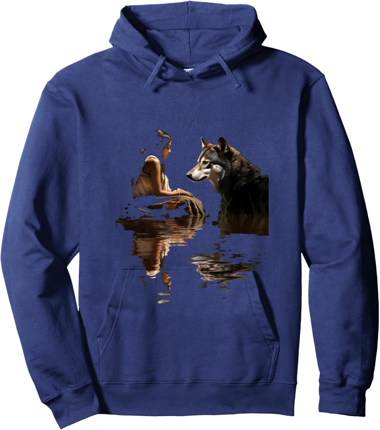 Native American Woman Girl and Wolf In The Lake Indian Hoodie - Hoodie | Navy