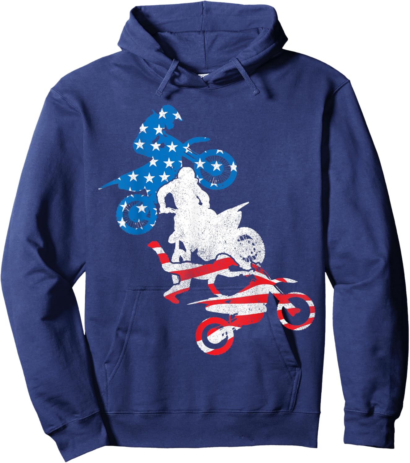 Dirt Bike Rider Blue White Red US Flag Motocross 4th of July Hoodie - Hoodie | Navy