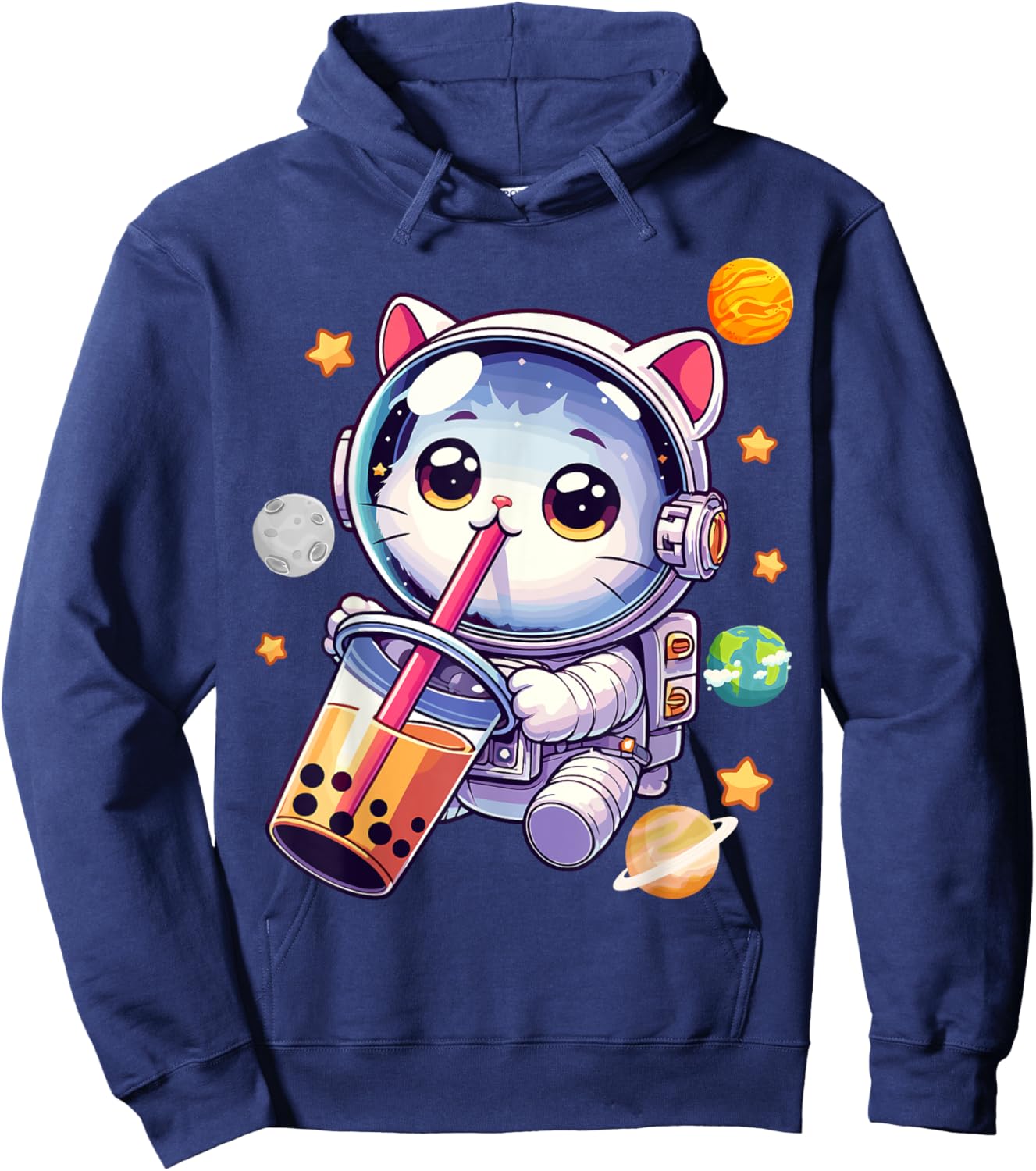 Space Cat Astronaut Boba Tea Boba Cat Galaxy Cute Anime Women Kids Hoodie - Hoodie | Navy