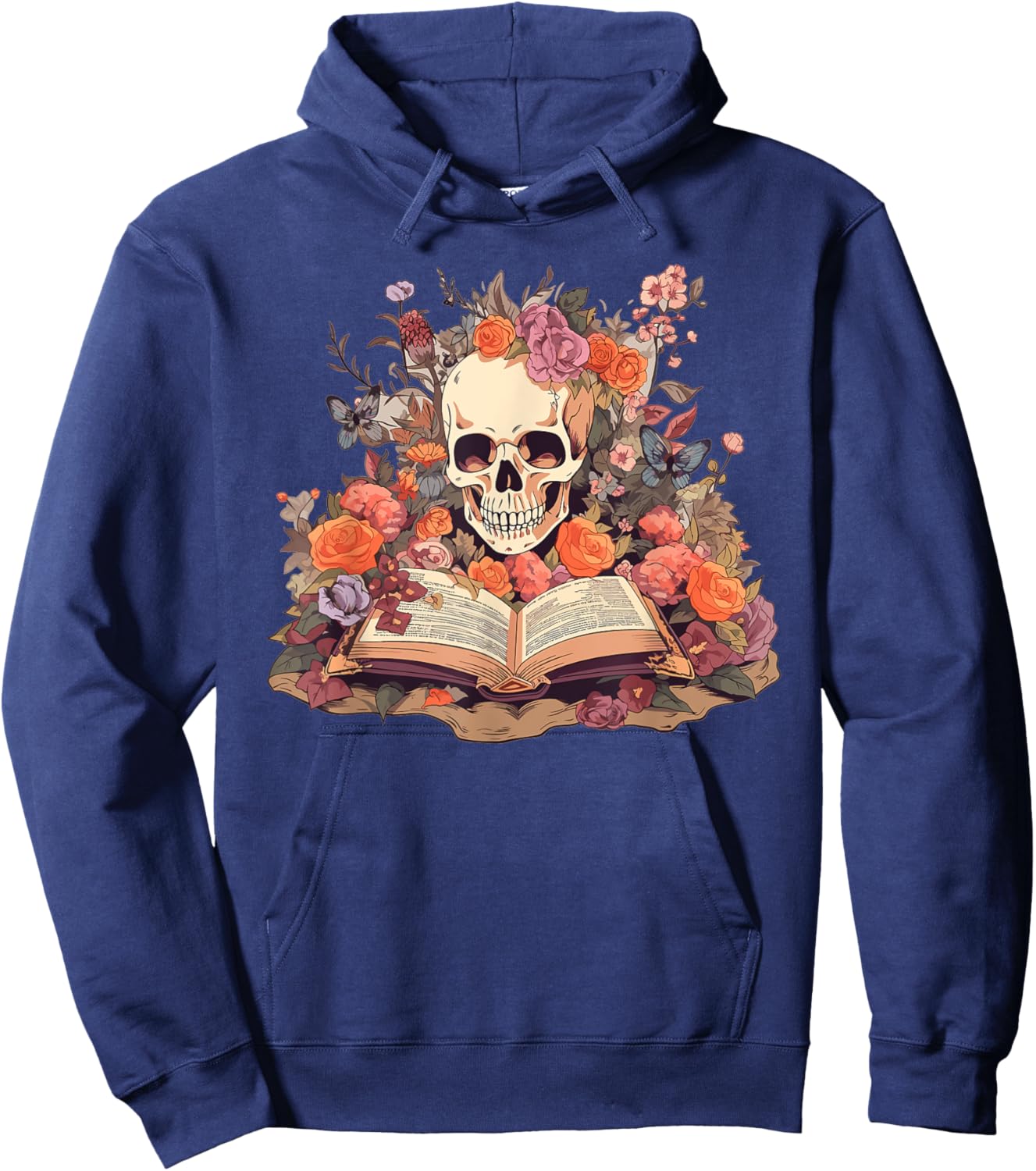 Book Reading Skull Skeleton Flowers Floral Bookish Butterfly Hoodie - Hoodie | Navy