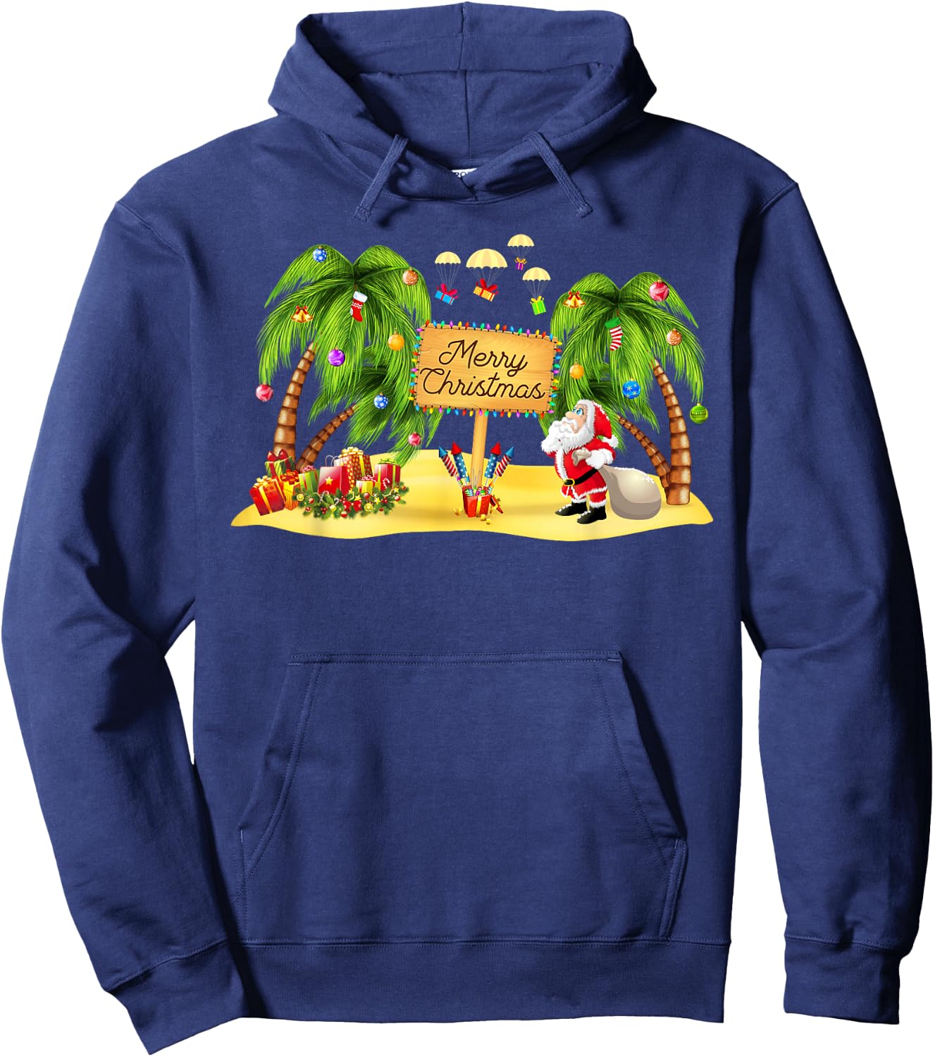 Christmas Palm Tree Tropical Xmas Coconut Lights Pajamas Hoodie - Hoodie | Navy