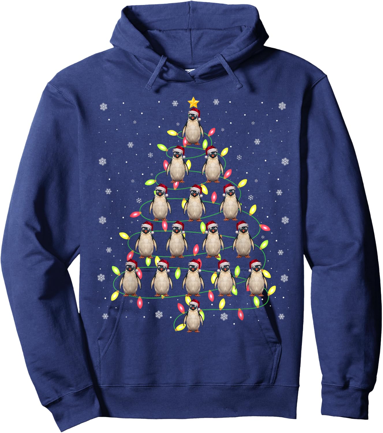 Penguin Santa Christmas Tree Lights Ugly Sweater Style Hoodie - Hoodie | Navy