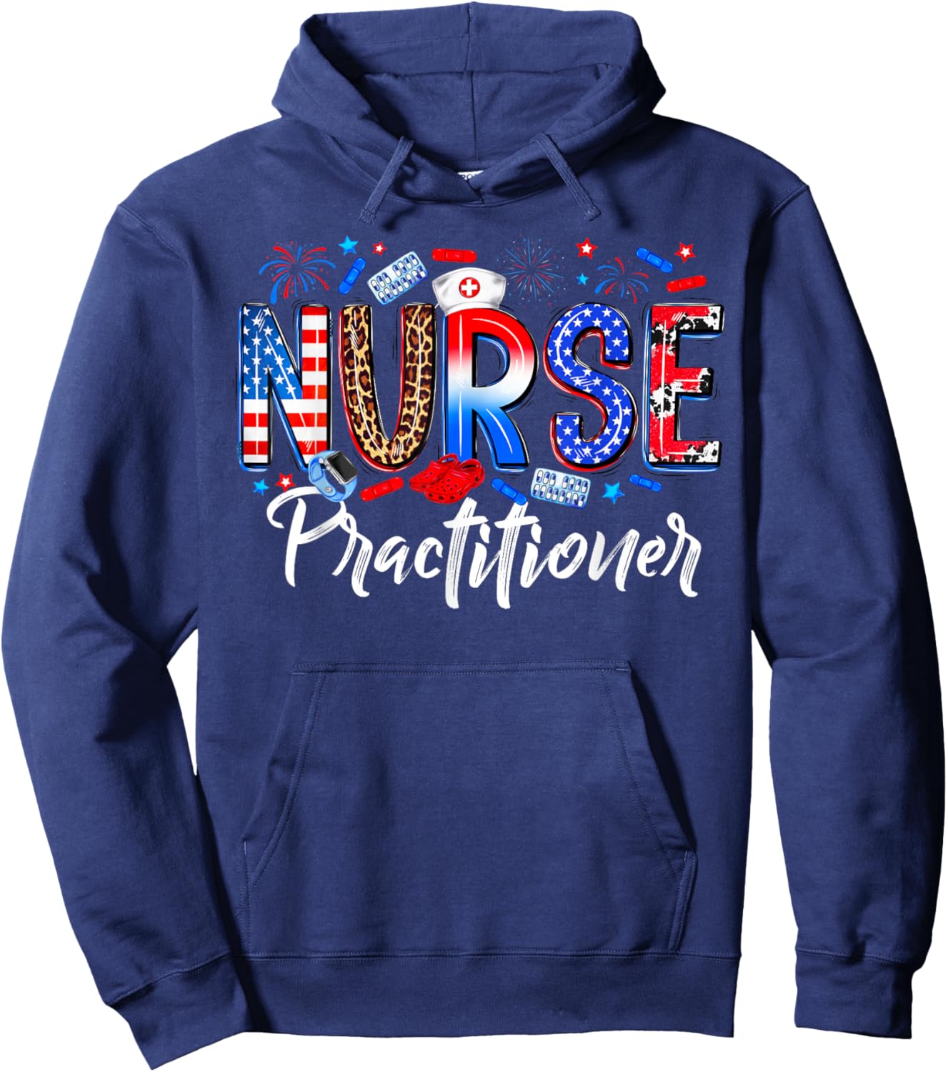 Happy 4th Of July Nurse Practitioner American Flag Women Men Hoodie - Hoodie | Navy