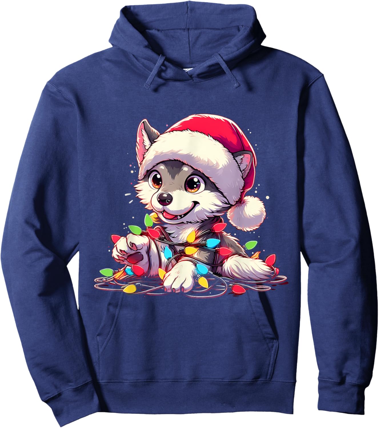 Merry Wolfmas Christmas Lights Cute Wolf Santa Hat Hoodie - Hoodie | Navy