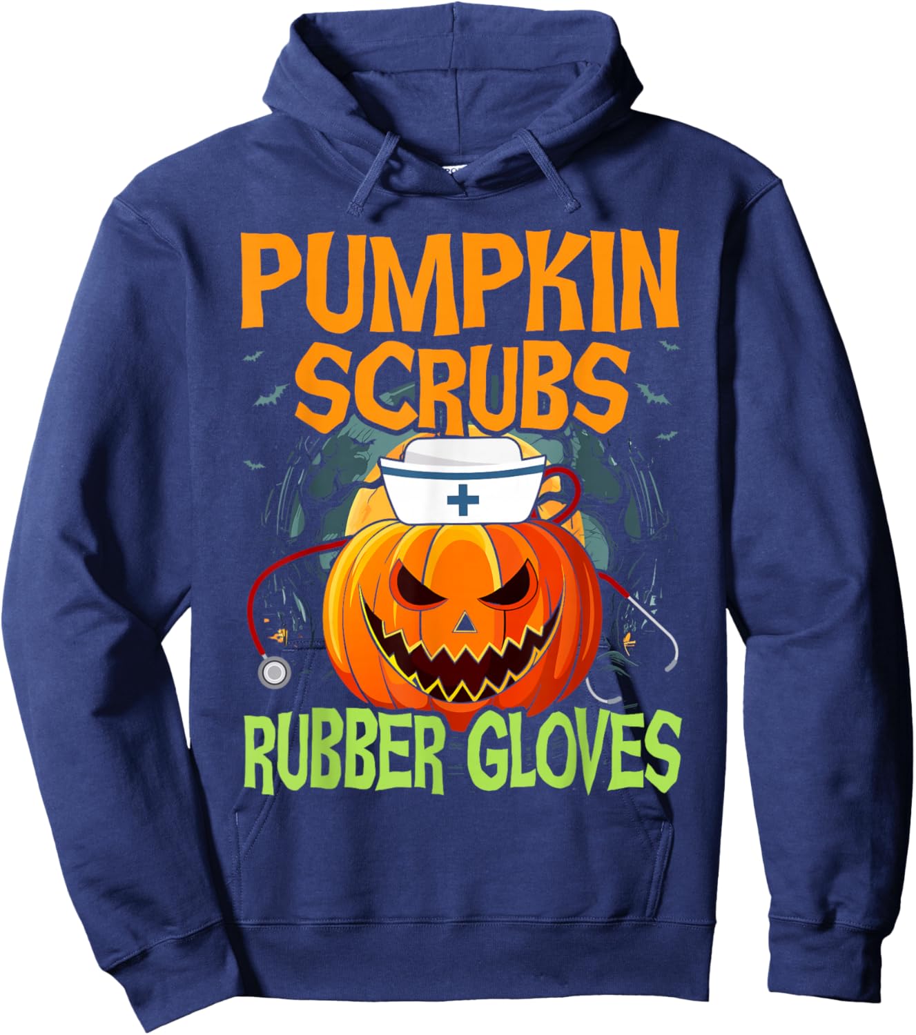 Pumpkin Scrubs Rubber Gloves Halloween Costume Nursing Nurse Hoodie - Hoodie | Navy