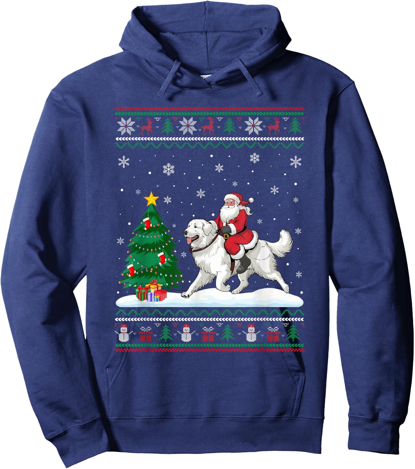 Ugly Christmas Tree Lights Santa Riding Great Pyrenees Dog Hoodie - Hoodie | Navy