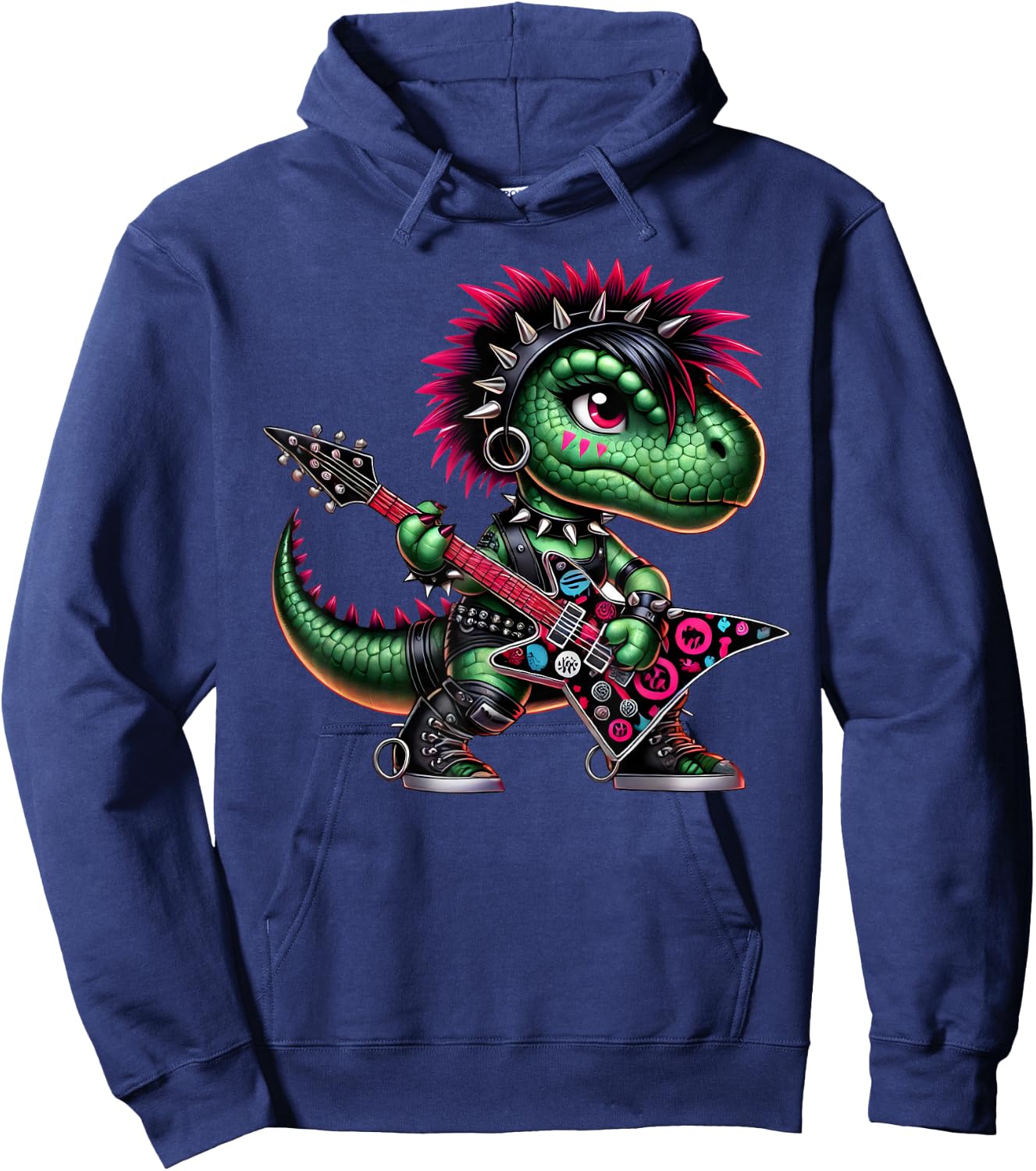 Cute Punk Girl Dinosaur Guitar Band, Rock'n Roll Dino, Girls Hoodie - Hoodie | Navy