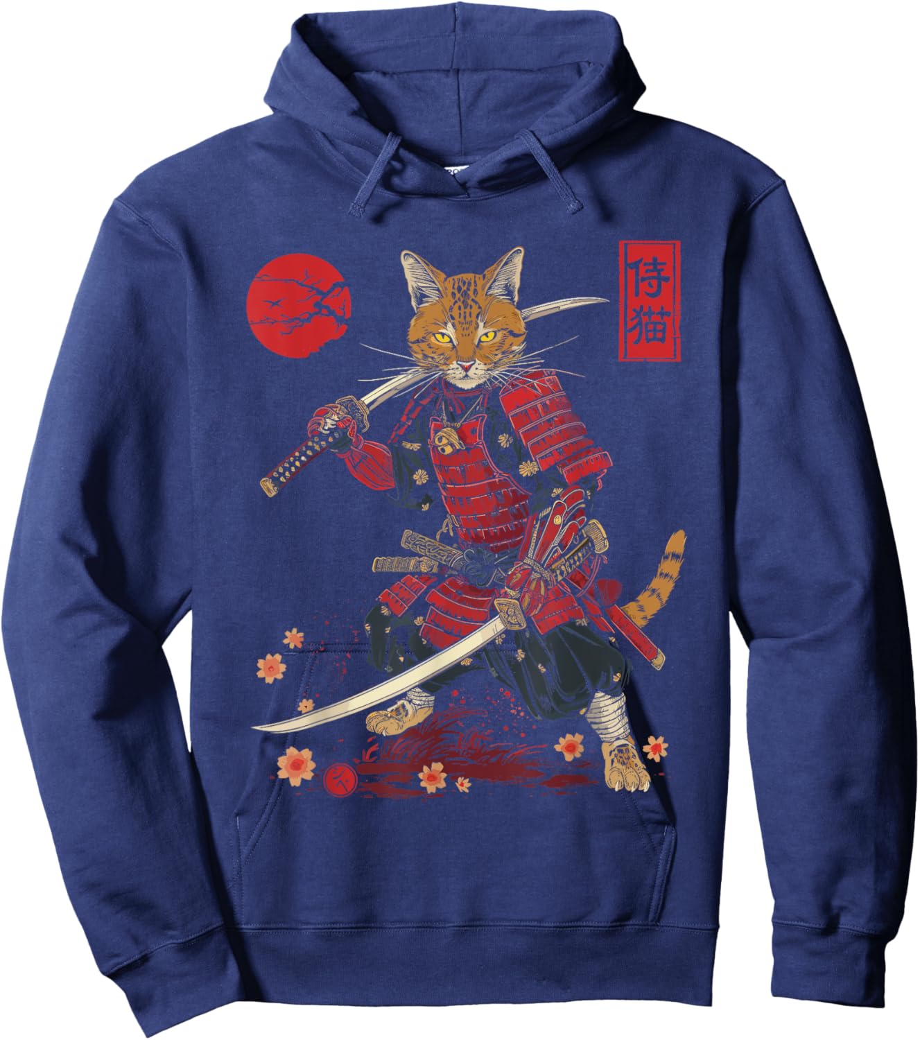 Samurai Cat, Japanese Cat Art Aesthetic, Cat Lover Hoodie - Hoodie | Navy