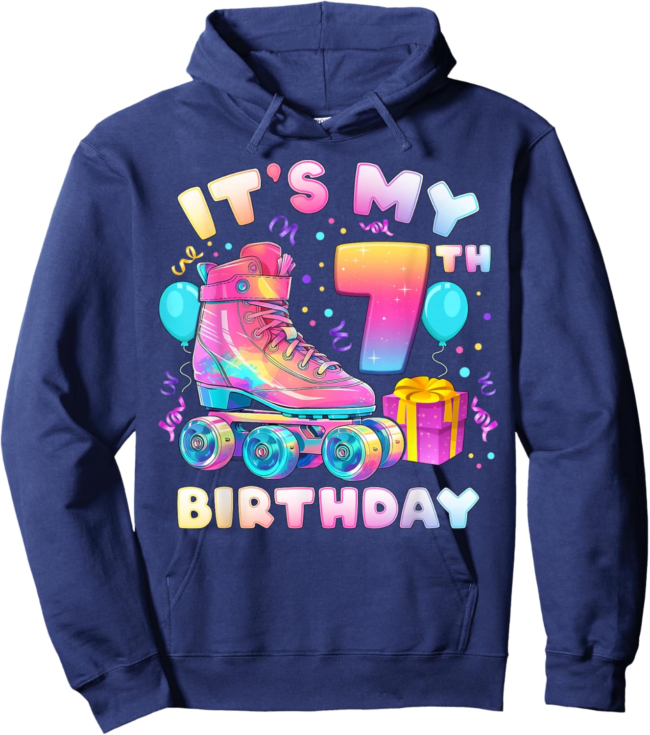 7th Birthday Girl 7 Years Roller Skates Number 7 Hoodie - Hoodie | Navy