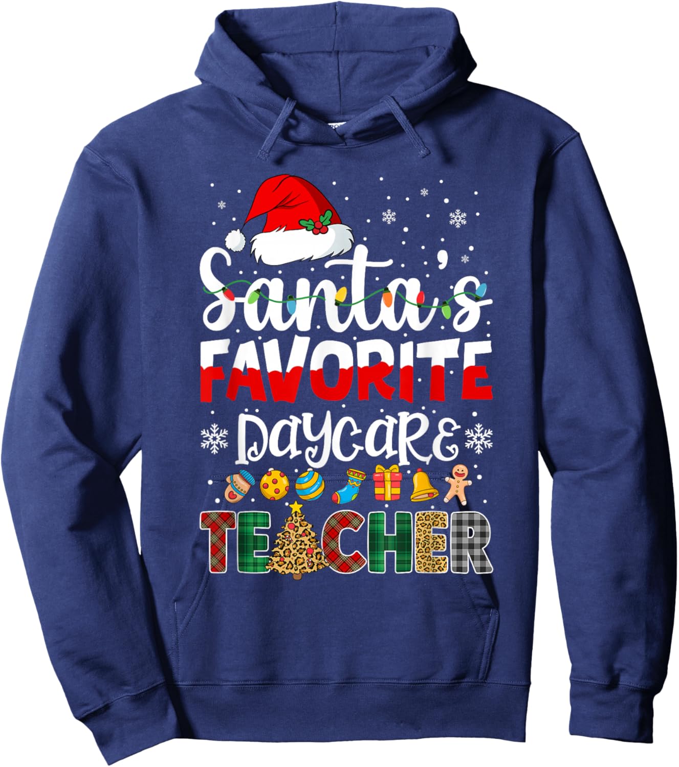Santa's Favorite Daycare Teacher Buffalo Plaid Christmas Hoodie - Hoodie | Navy