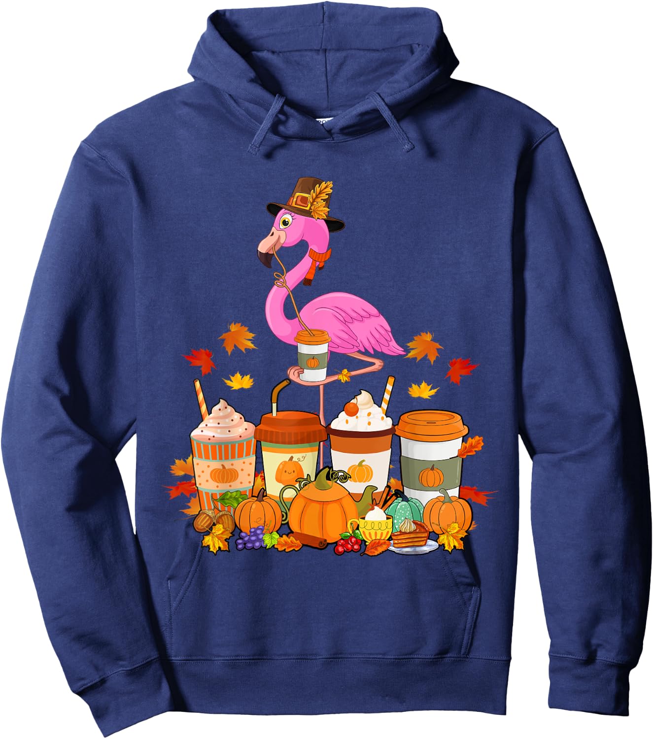 Thanksgiving Flamingo Wearing Hat Case Coffee Cups Lover Hoodie - Hoodie | Navy