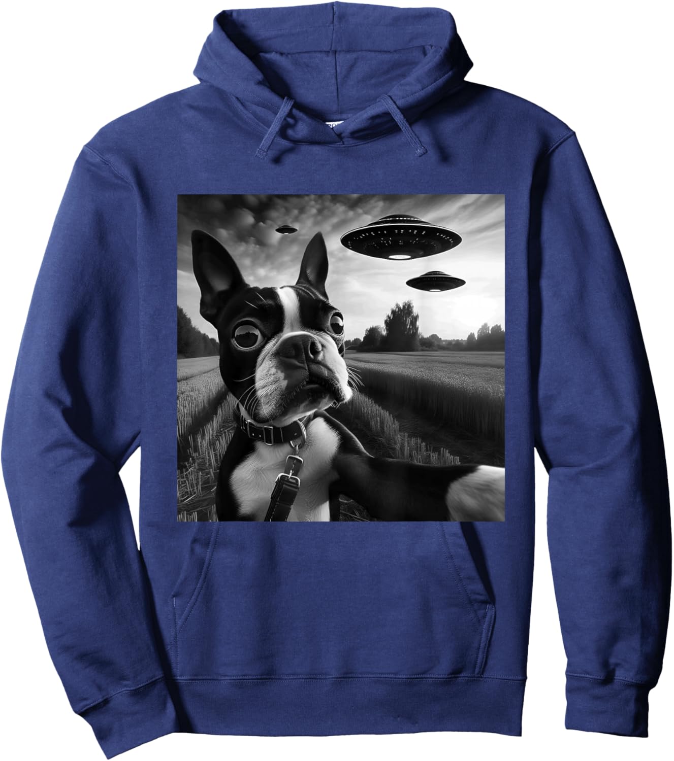 Boston Terrier Funny Graphic Selfie with UFOs Weird Aliens Hoodie - Hoodie | Navy