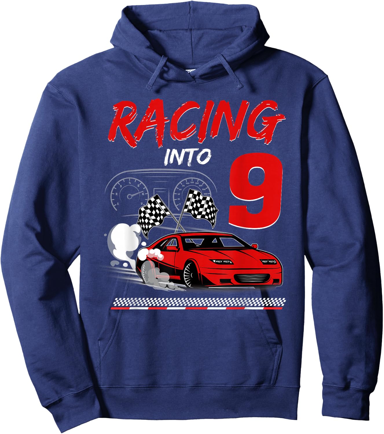 Racing into 9 Year Old Birthday Race Car 9th Boy Party Hoodie - Hoodie | Navy