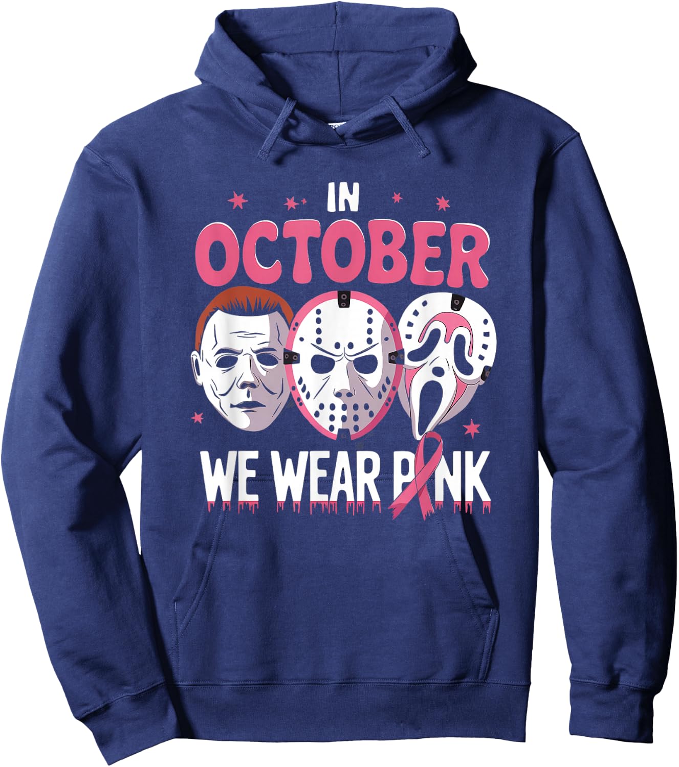 In October We Wear Pink Ghost Halloween Cancer Awareness Hoodie - Hoodie | Navy