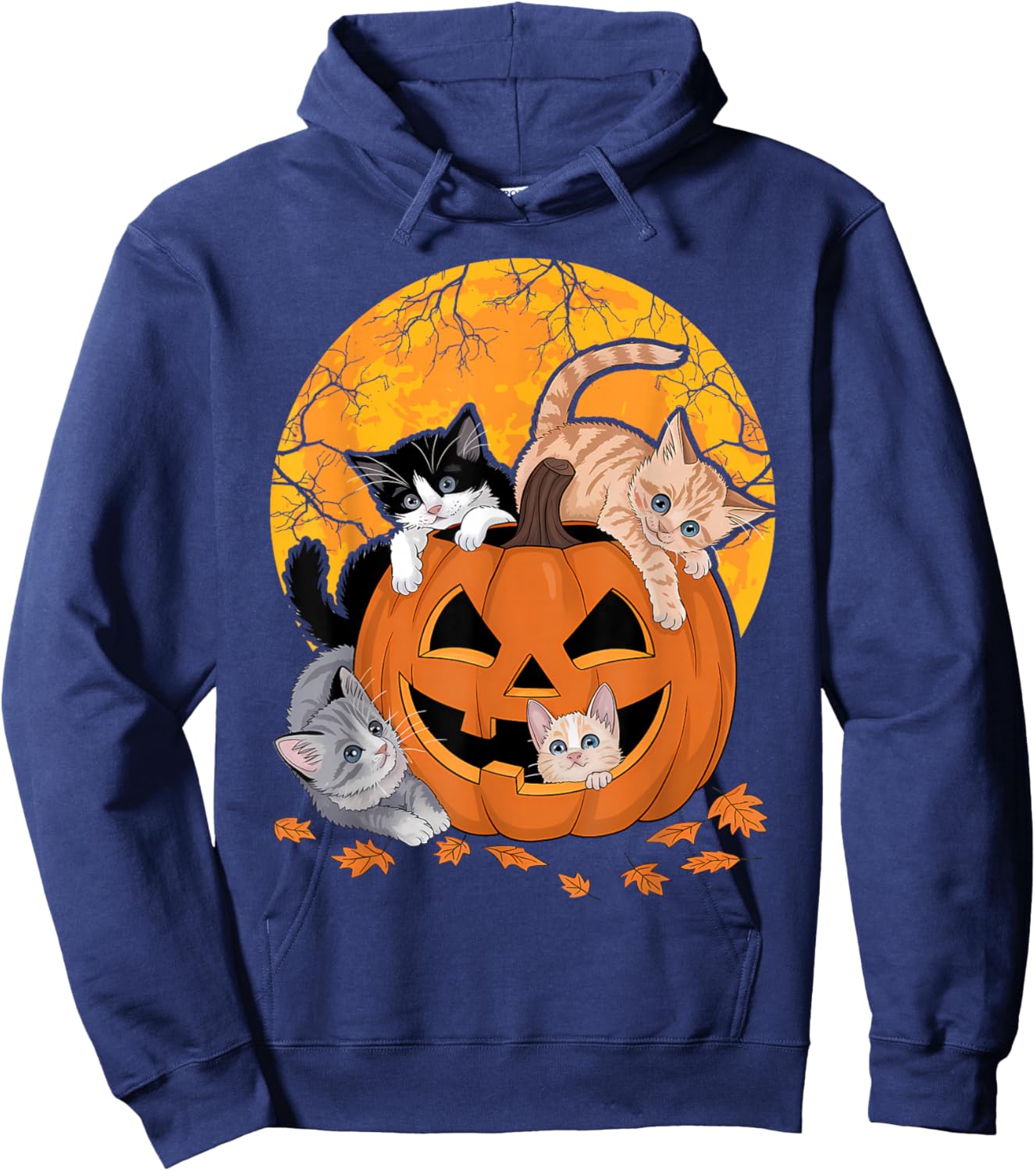 Vintage 90s Cat Pumpkin Halloween Retro Floral Spooky Season Hoodie - Hoodie | Navy