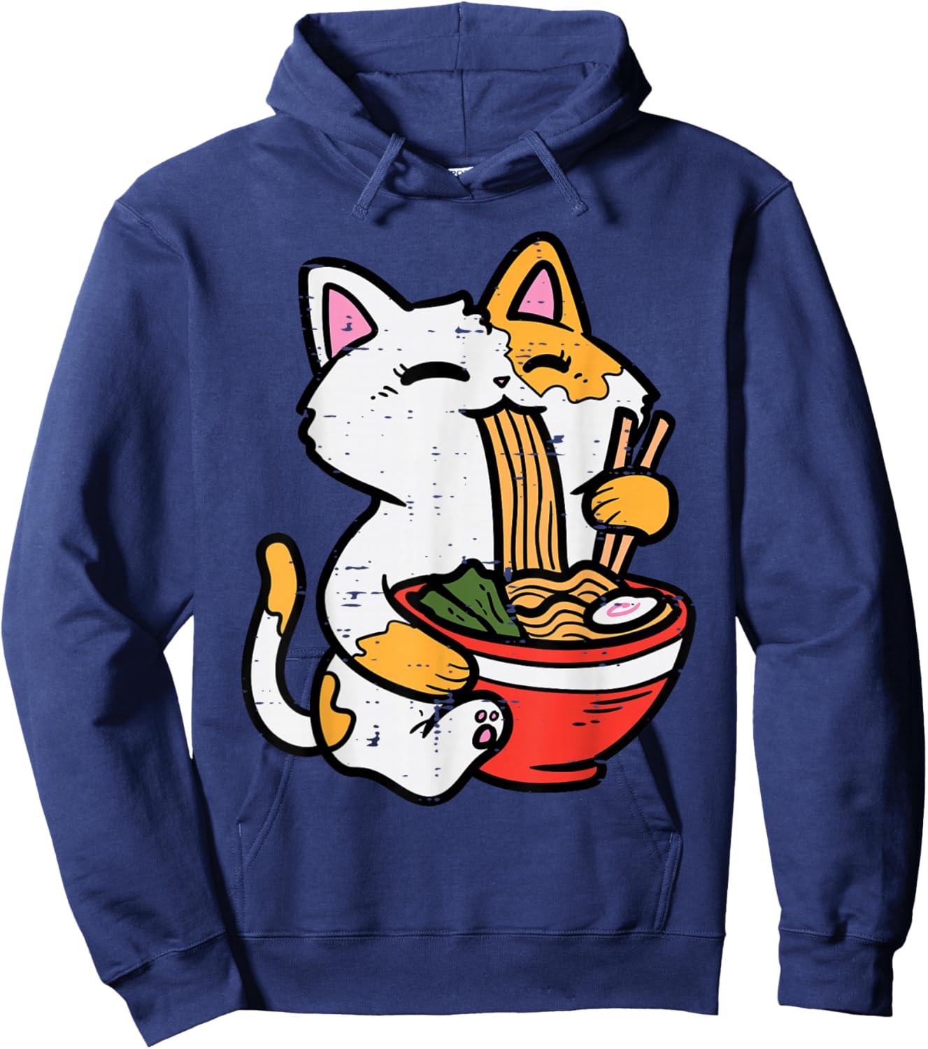 Cat Eating Ramen Cute Japanese Food Women Girls Kids Hoodie - Hoodie | Navy