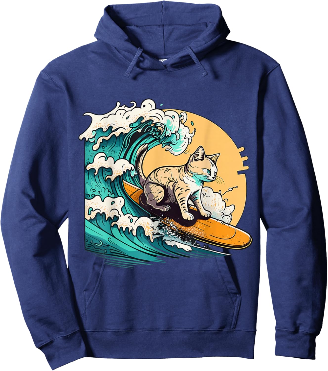 Surfer Cat, Cat On Surfboard, Cat Riding Wave, Funny Surfing Hoodie - Hoodie | Navy