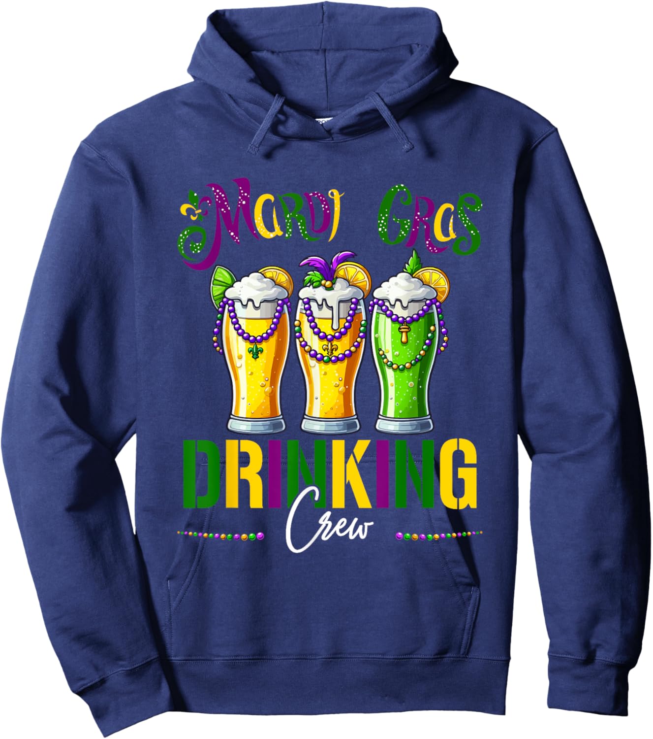 Mardi Gras Drinking Crew Three Glasses Of Beer Masked Beads Hoodie - Hoodie | Navy