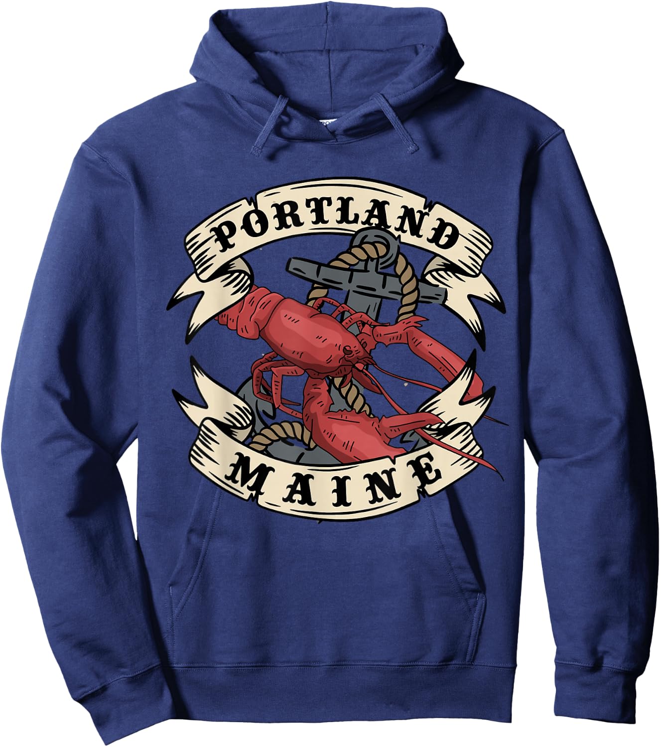 Portland Maine State Design Vintage Anchor and Lobster Hoodie - Hoodie | Navy