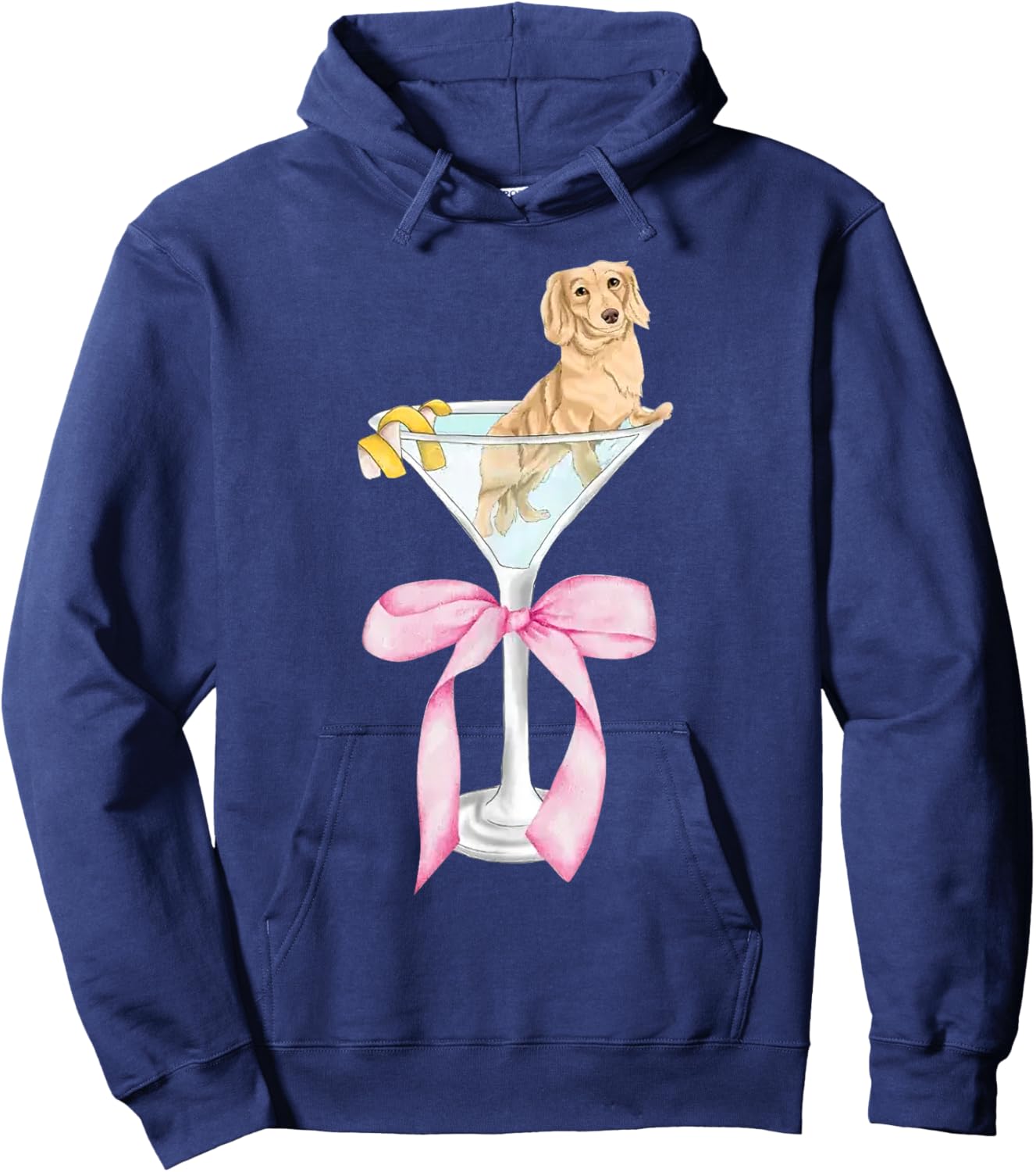 Funny Dachshund Dog With Martini Glass Coquette Pink Bow Hoodie - Hoodie | Navy