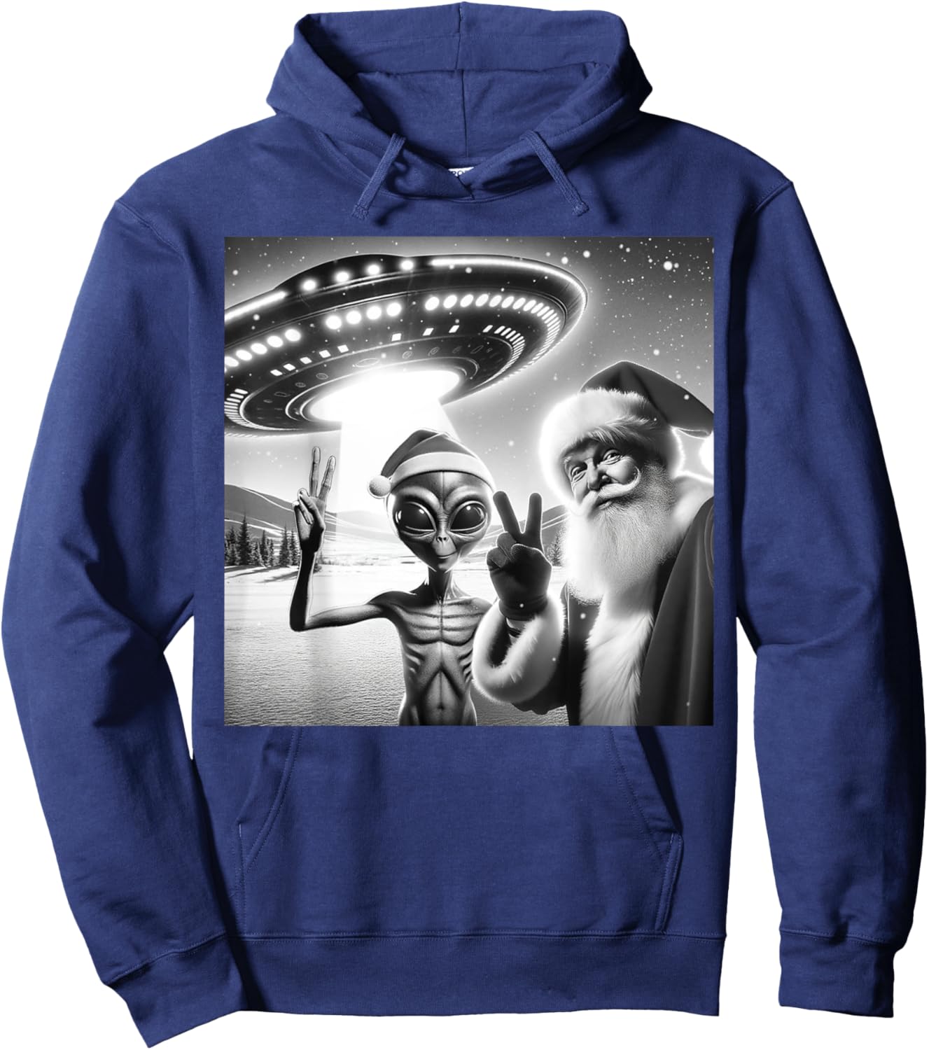 Funny Santa Selfie Alien UFO Lover Peace Sign Ugly Christmas Hoodie - Hoodie | Navy