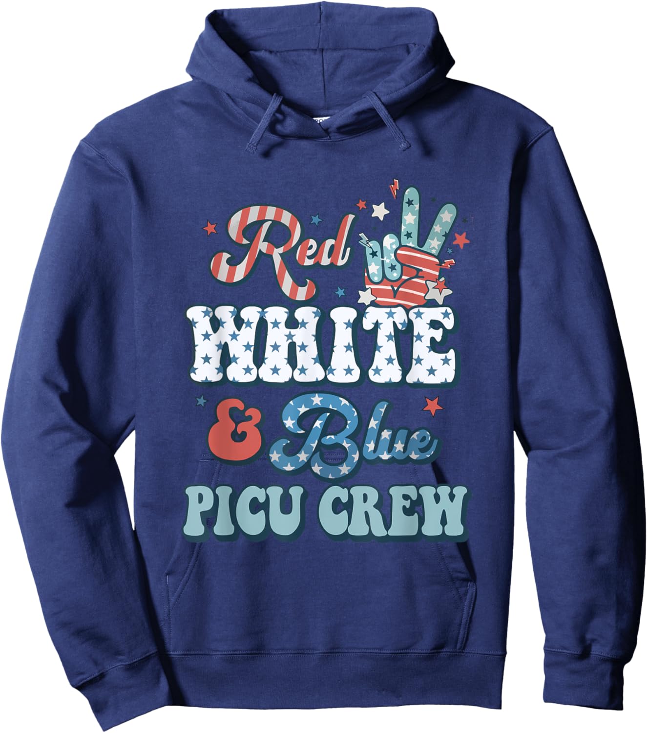 Retro Fourth Of July Vibes Red White Blue PICU Nurse Crew Hoodie - Hoodie | Navy