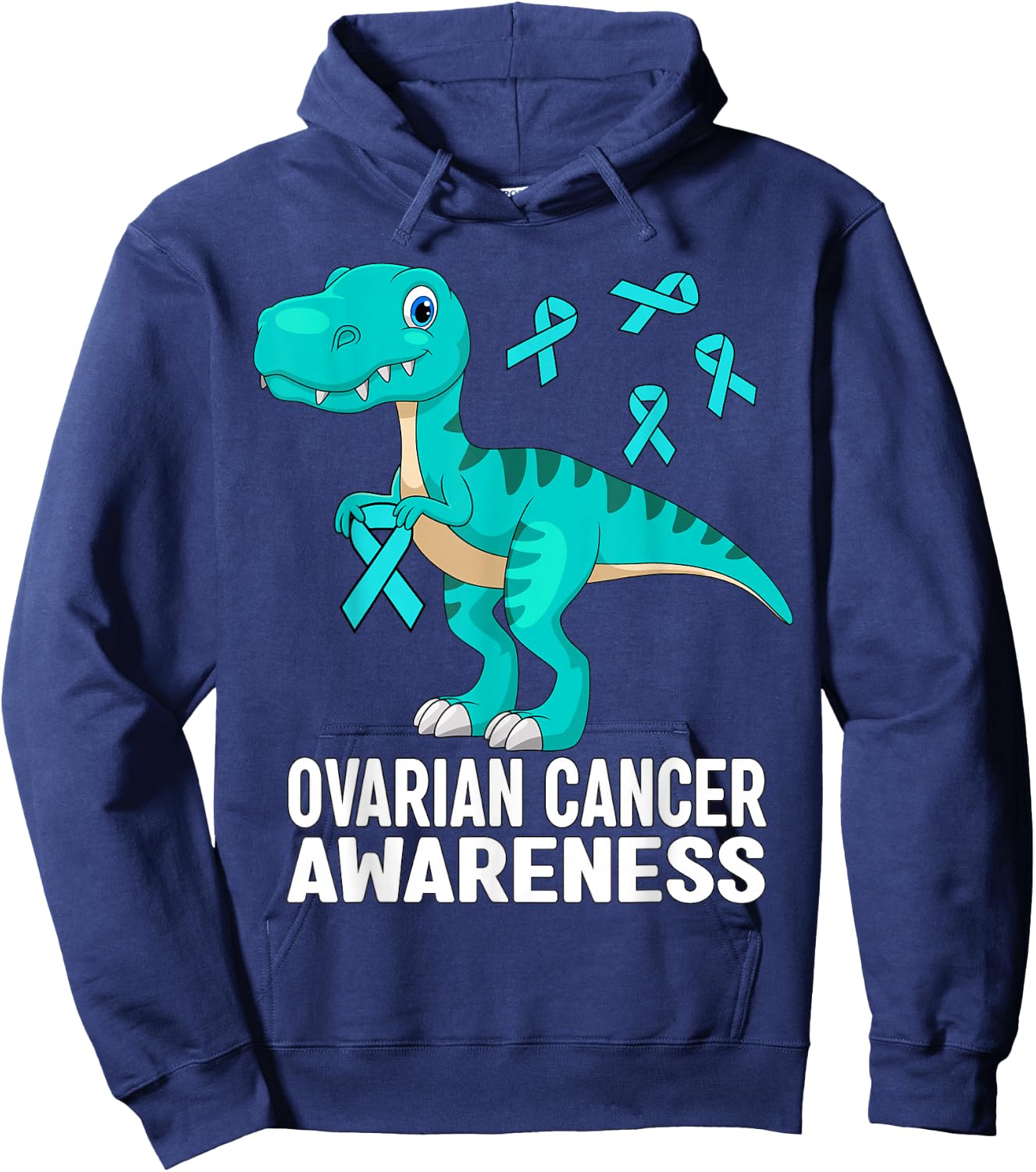 Ovarian Cancer Awareness Teal Ribbon Dinosaur Women Men Kids Hoodie - Hoodie | Navy