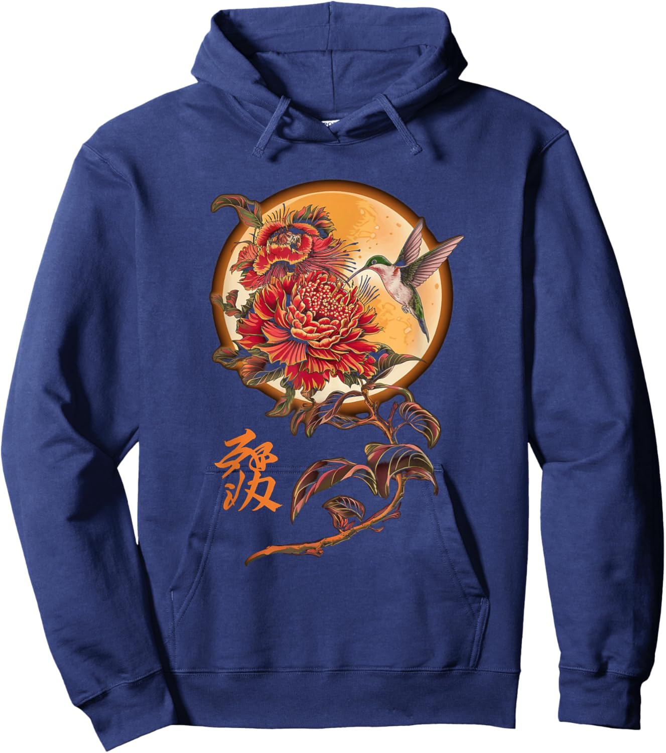 Vibrant Life Hummingbird with Hibiscus Moon Japanese Style Hoodie - Hoodie | Navy