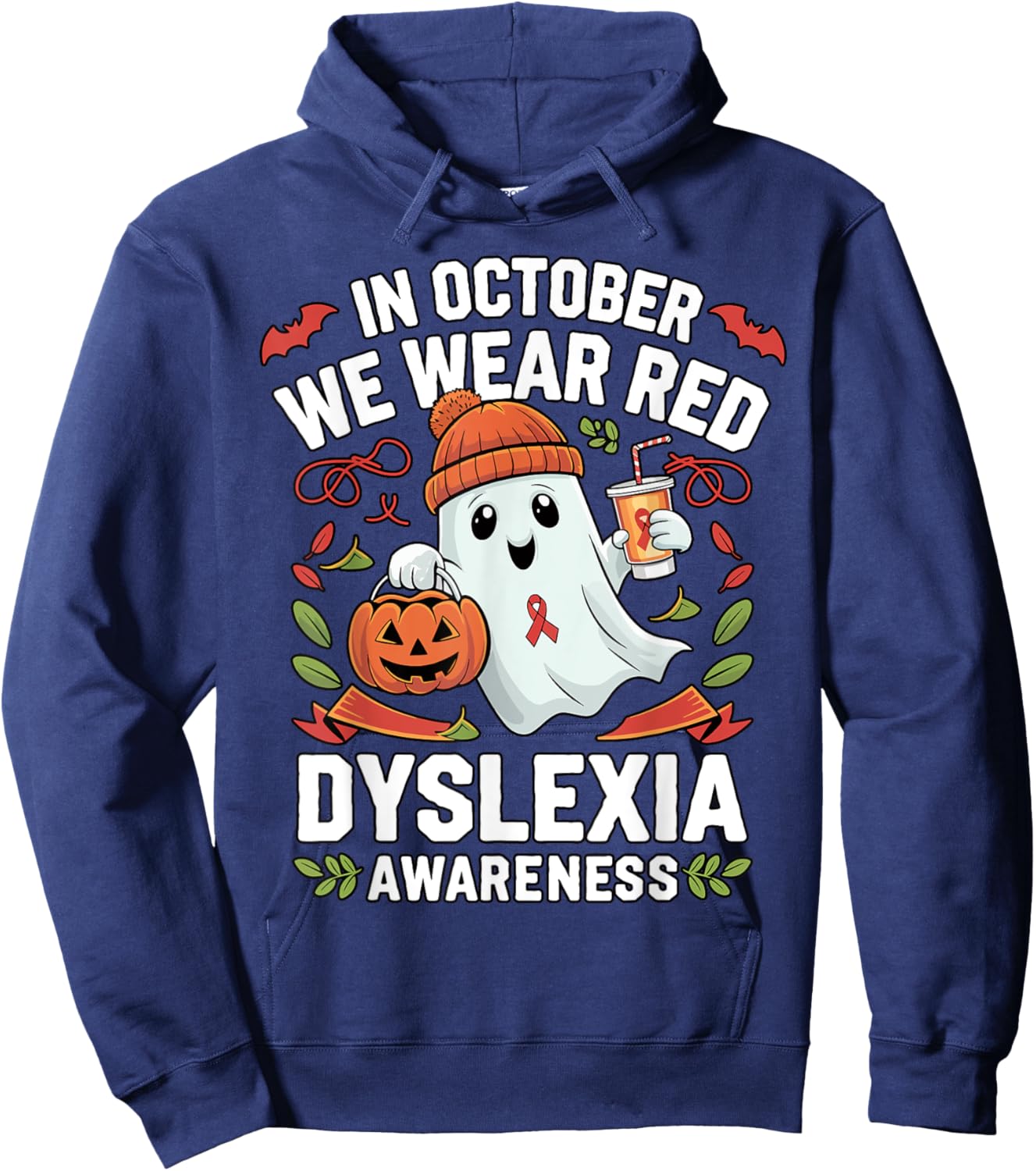 Awareness Ribbon October Wear Red Dyslexia Awareness Ghost Hoodie - Hoodie | Navy