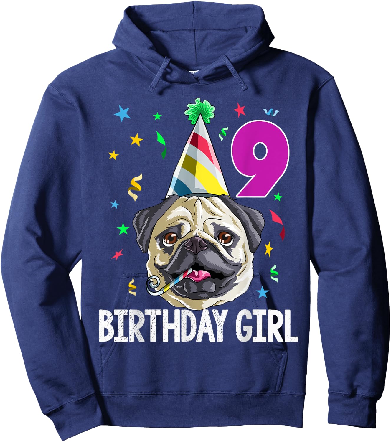 Pug Birthday Girl 9th 9 T Shirt Kids Girls Gift Party Hoodie - Hoodie | Navy
