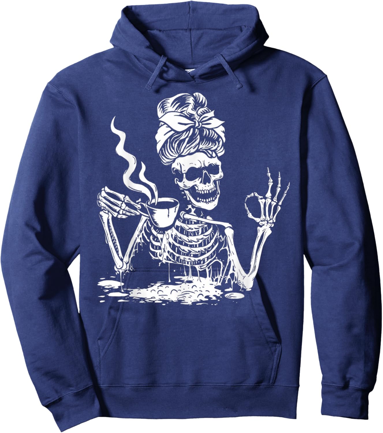 Skeleton Drinking Coffee Messy Bun Women Halloween Skeleton Hoodie - Hoodie | Navy