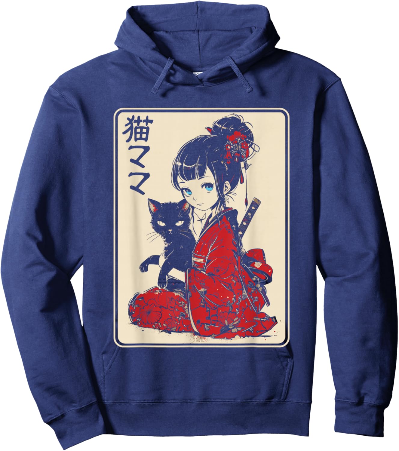 Japanese Gothic Kawaii Anime Samurai Cat Mom Woman Girls Hoodie - Hoodie | Navy