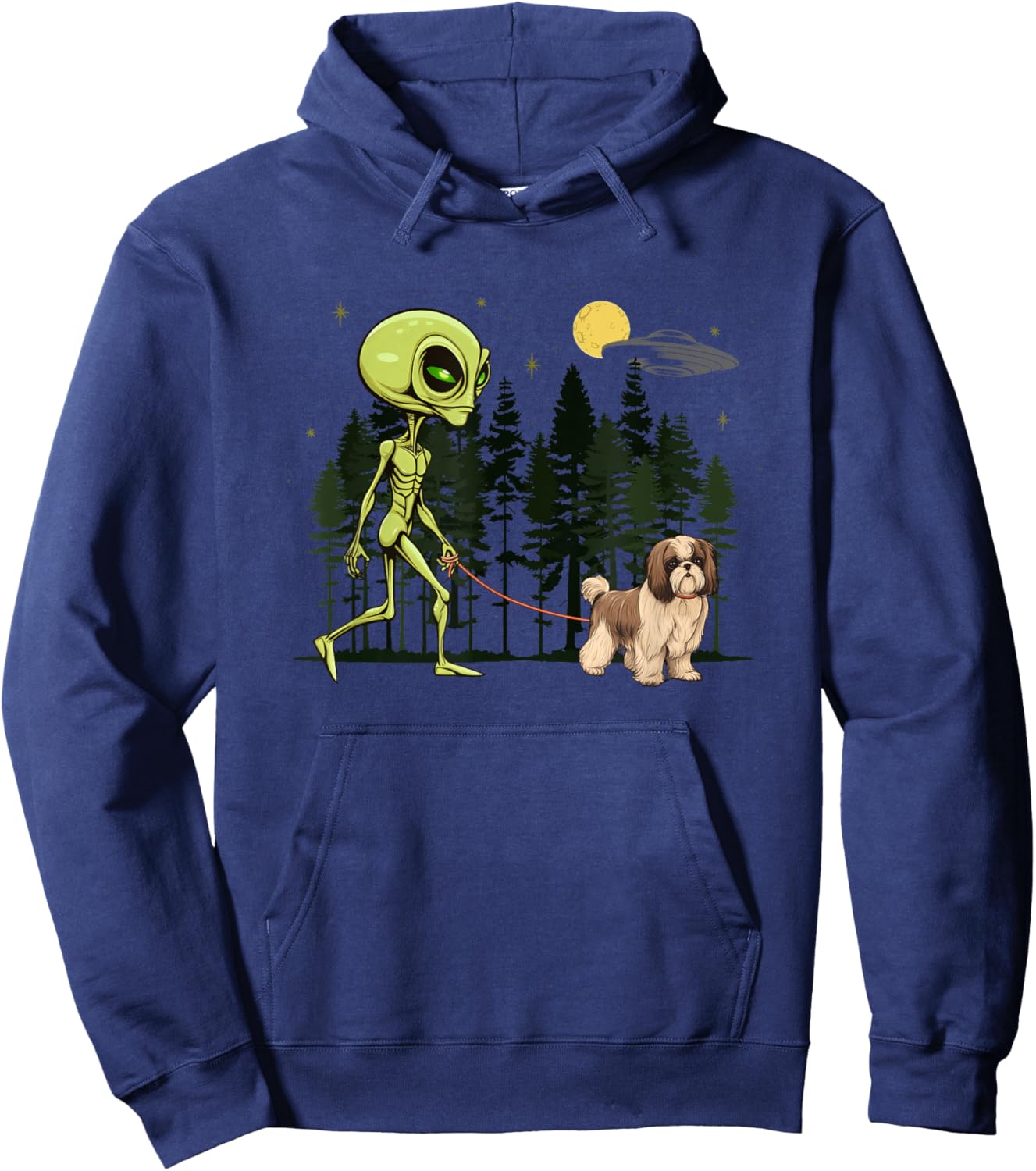 Funny Shih Tzu Alien Walking UFO Pet Dog Mom Dad Hoodie - Hoodie | Navy