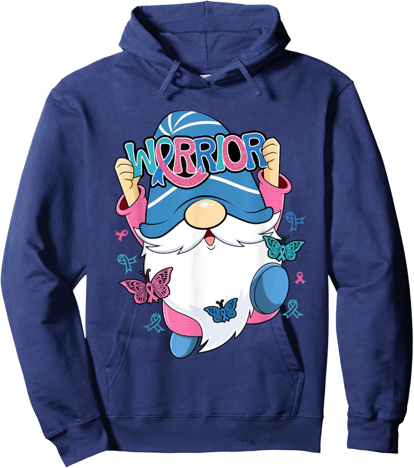 Thyroid Cancer Gnome Warrior Purple Teal Pink Ribbon Month Hoodie - Hoodie | Navy