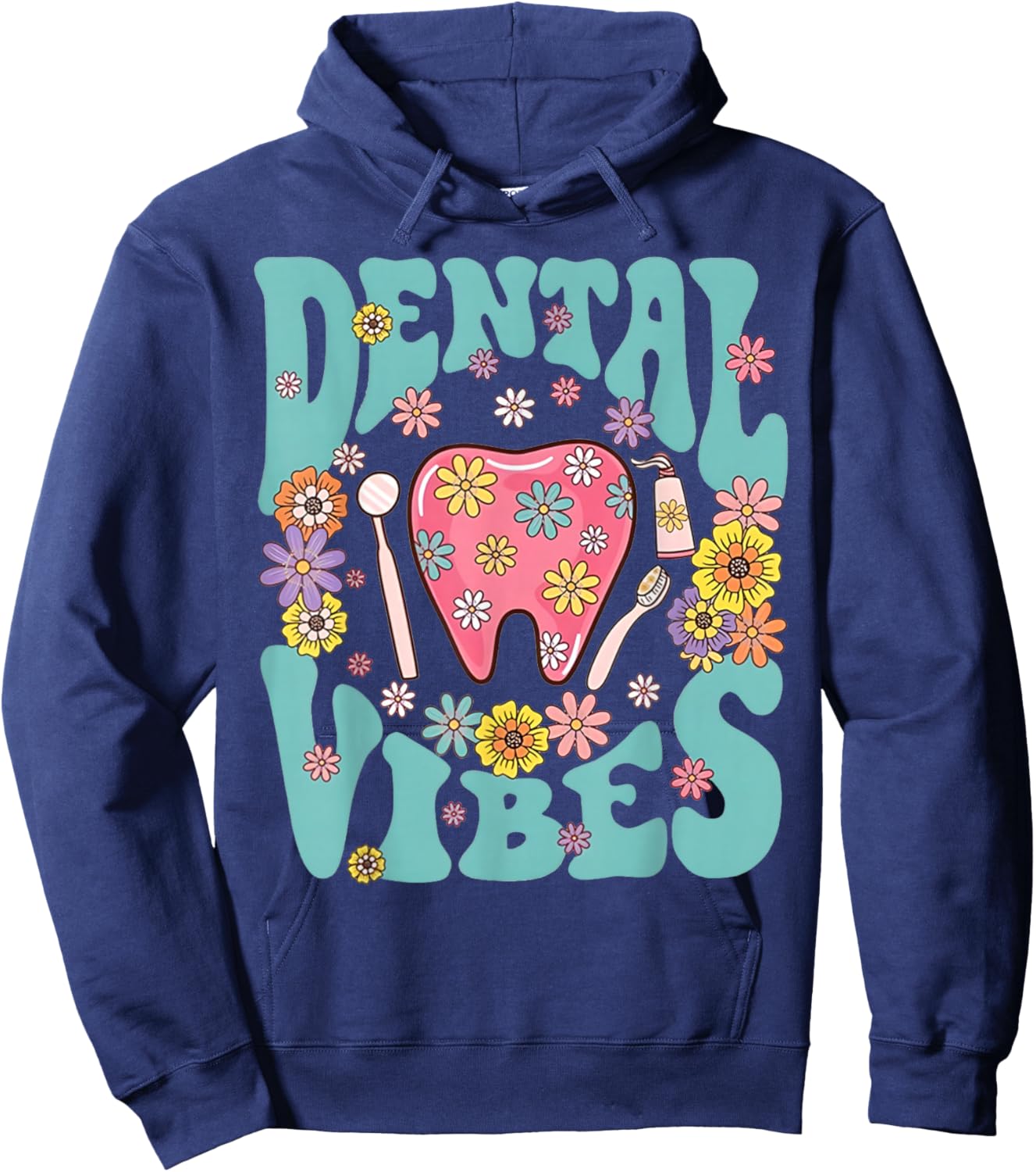 Retro Groovy Dental Vibes Funny Dentist Hygienist Men Women Hoodie - Hoodie | Navy