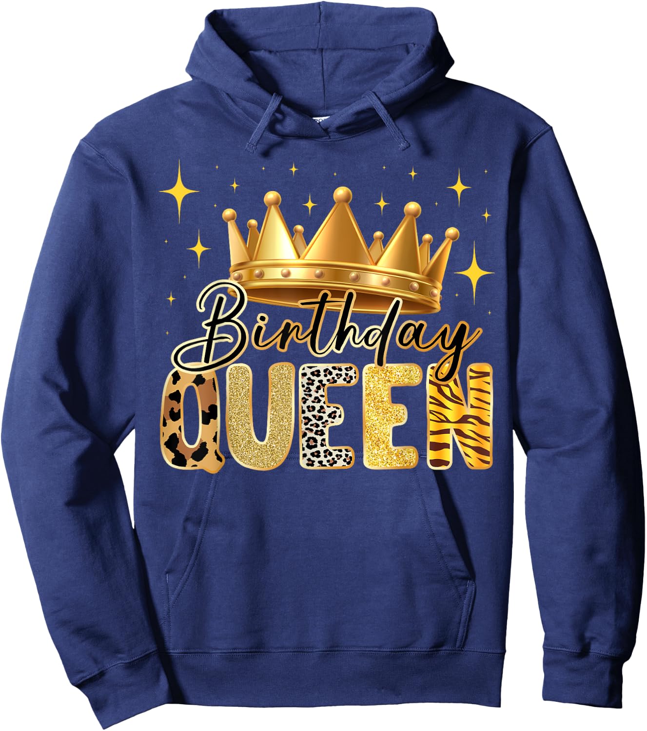Birthday Queen Animal Print Style with Crown and Stars Hoodie - Hoodie | Navy