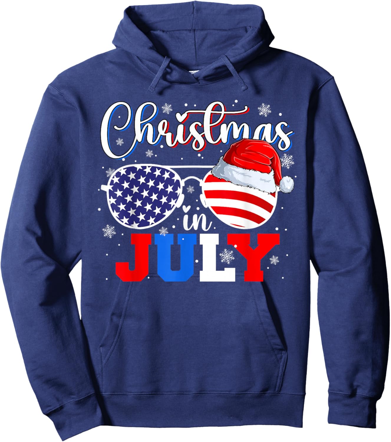 Christmas in July Santa Hat Sunglasses USA Flag 4th of July Hoodie - Hoodie | Navy