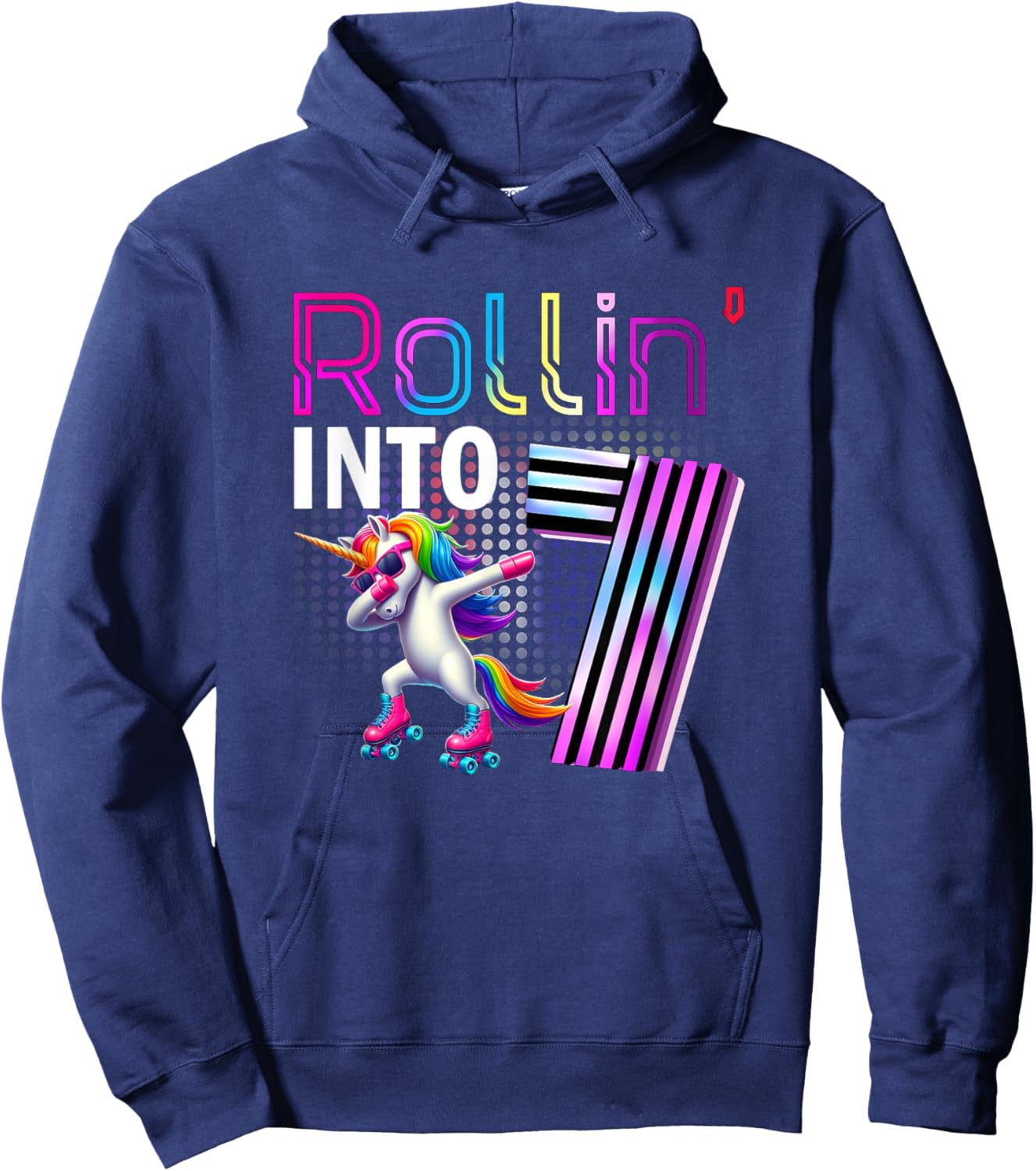 Rollin' into 7 Roller Skating Unicorn 7th Birthday Party Hoodie - Hoodie | Navy