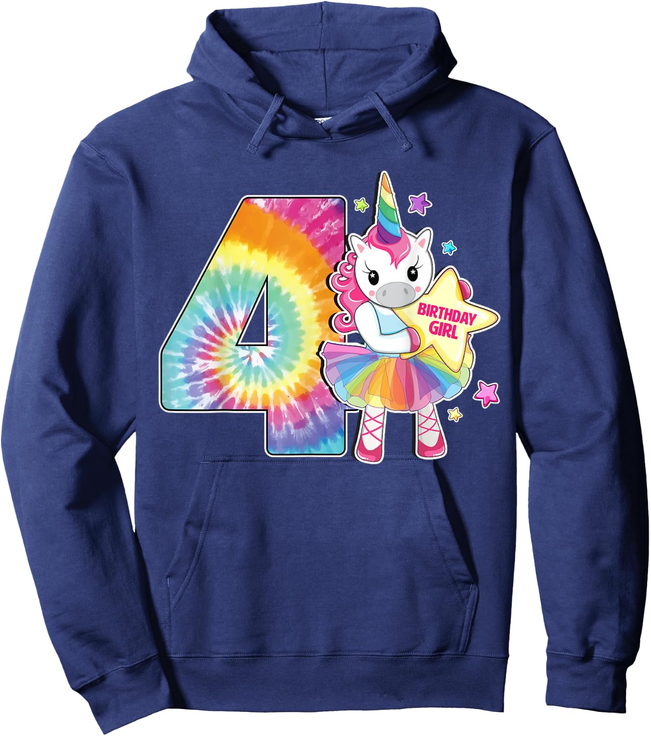 4th Birthday Unicorn Shirt Gift Girls Age 4 Tie Dye Hoodie - Hoodie | Navy