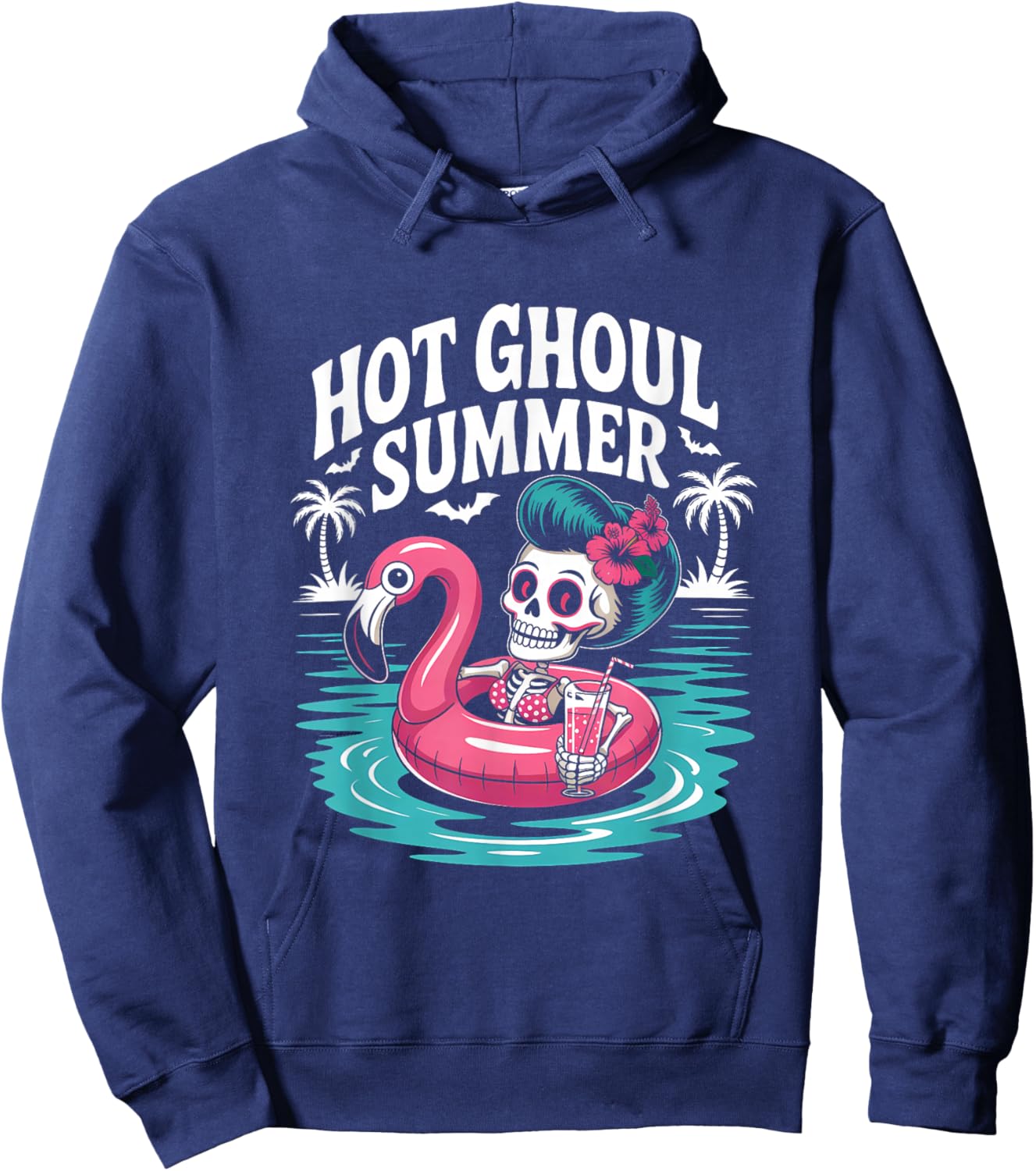 Hot Ghoul Summer Funny Cute Skeleton Flamingo Pool Party Hoodie - Hoodie | Navy