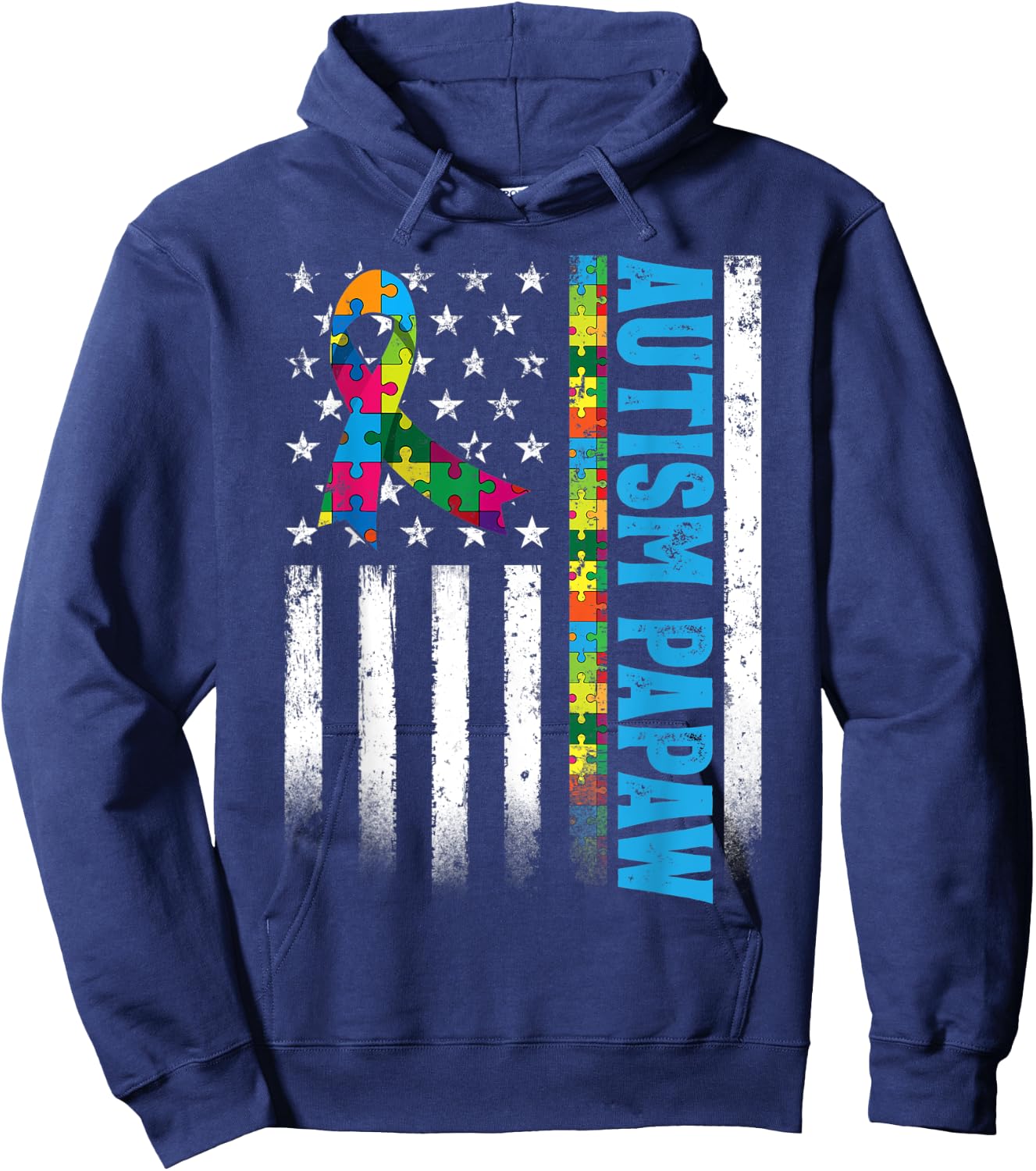Retro American Flag Autism Papaw Awareness Autistic Hoodie - Hoodie | Navy