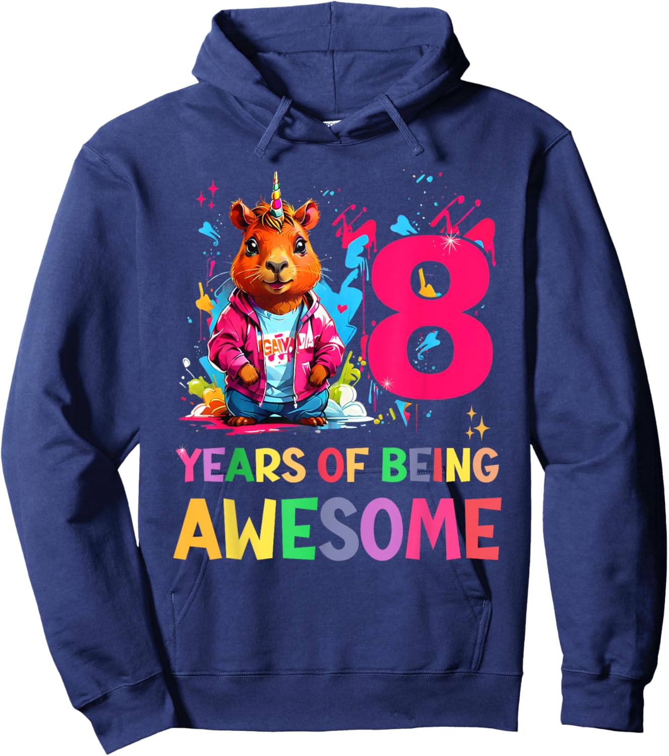 awesome capybara cappy birthday 8 year old Girls 8th B-day Hoodie - Hoodie | Navy