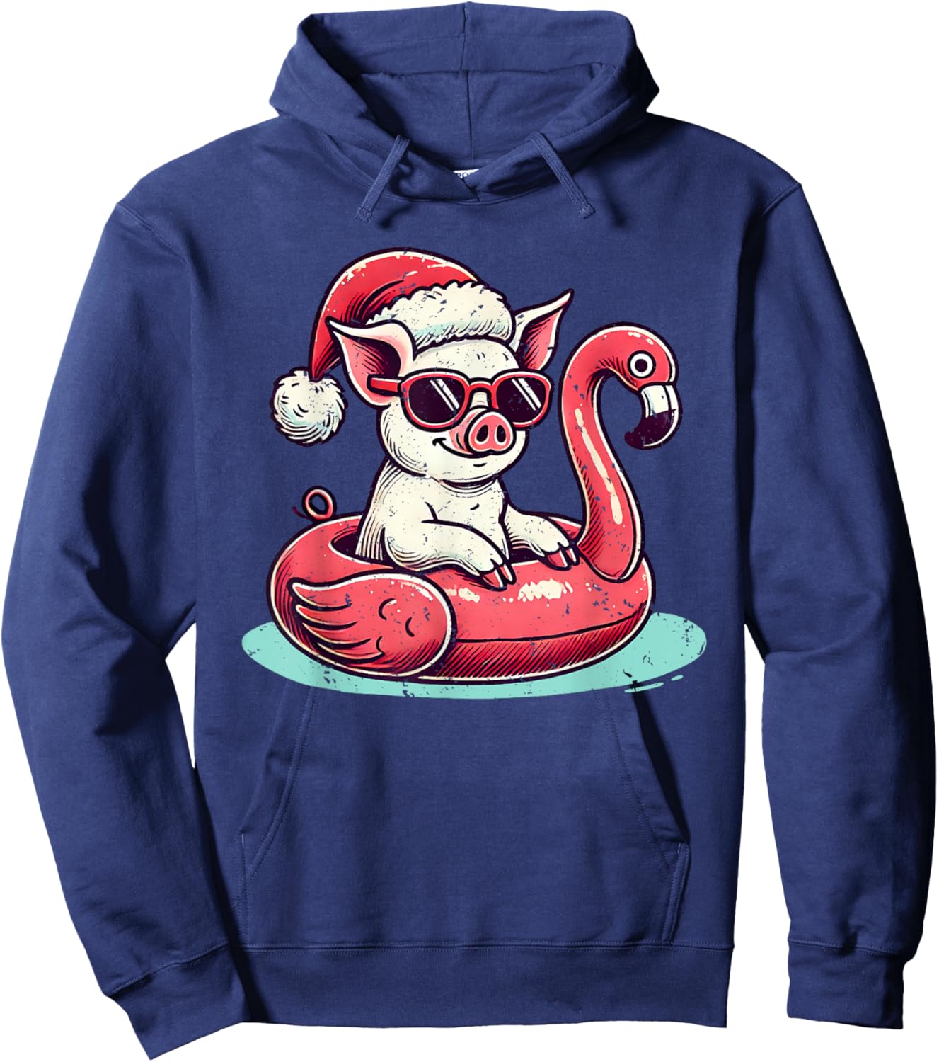 Funny Christmas in July Pig Mom Santa Flamingo Floatie Hoodie - Hoodie | Navy