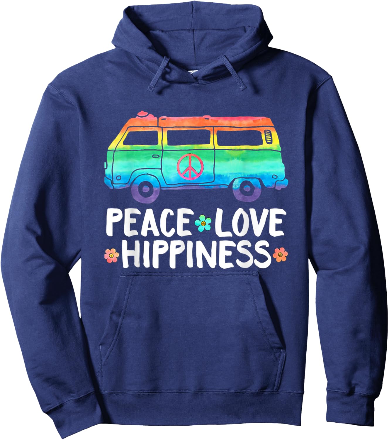 Peace Love Hippiness Rainbow Peace Symbol Flowers Hoodie - Hoodie | Navy