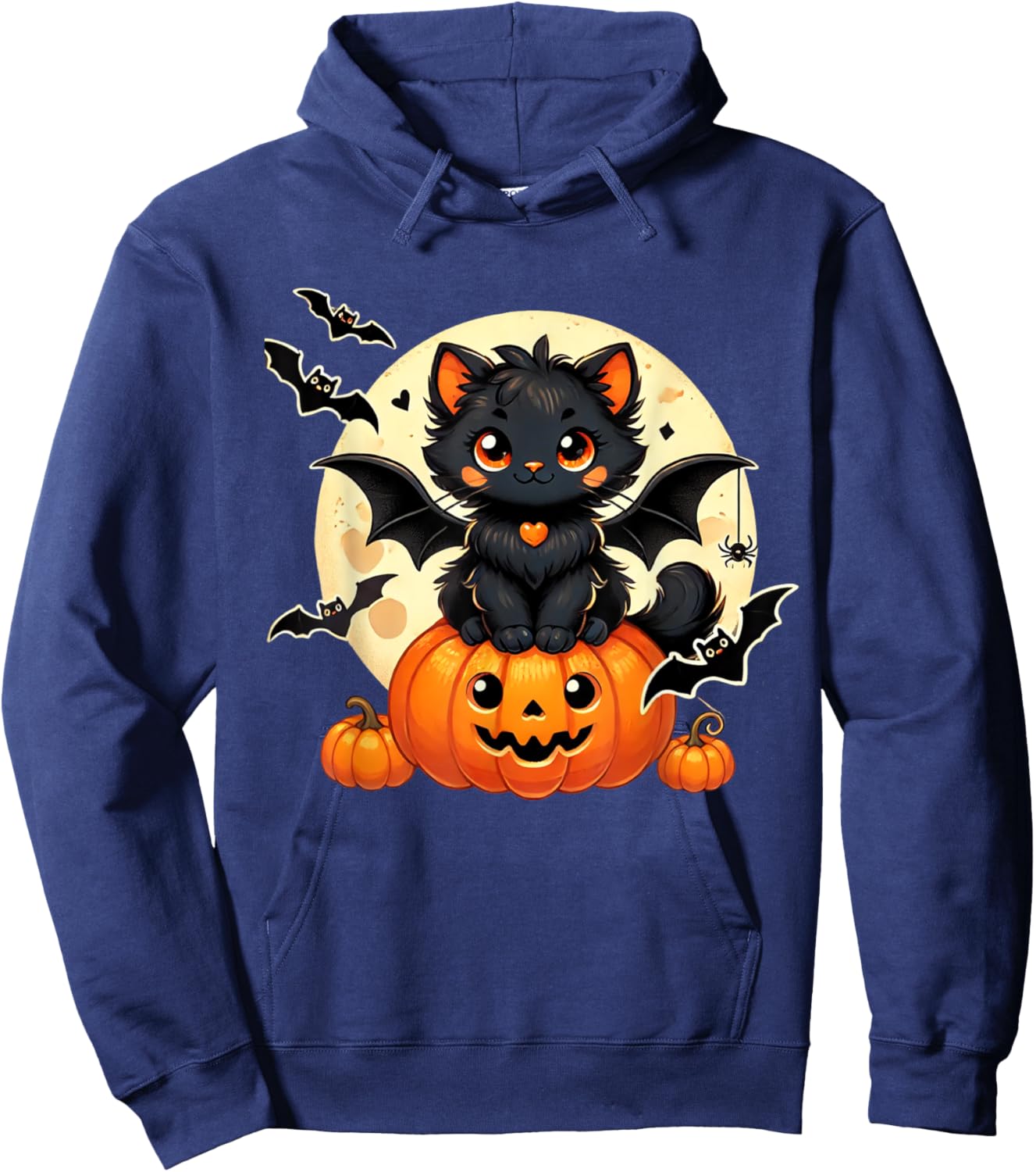 Cute Black Cat With Bat Wings Pumpkin Women Men Halloween Hoodie - Hoodie | Navy