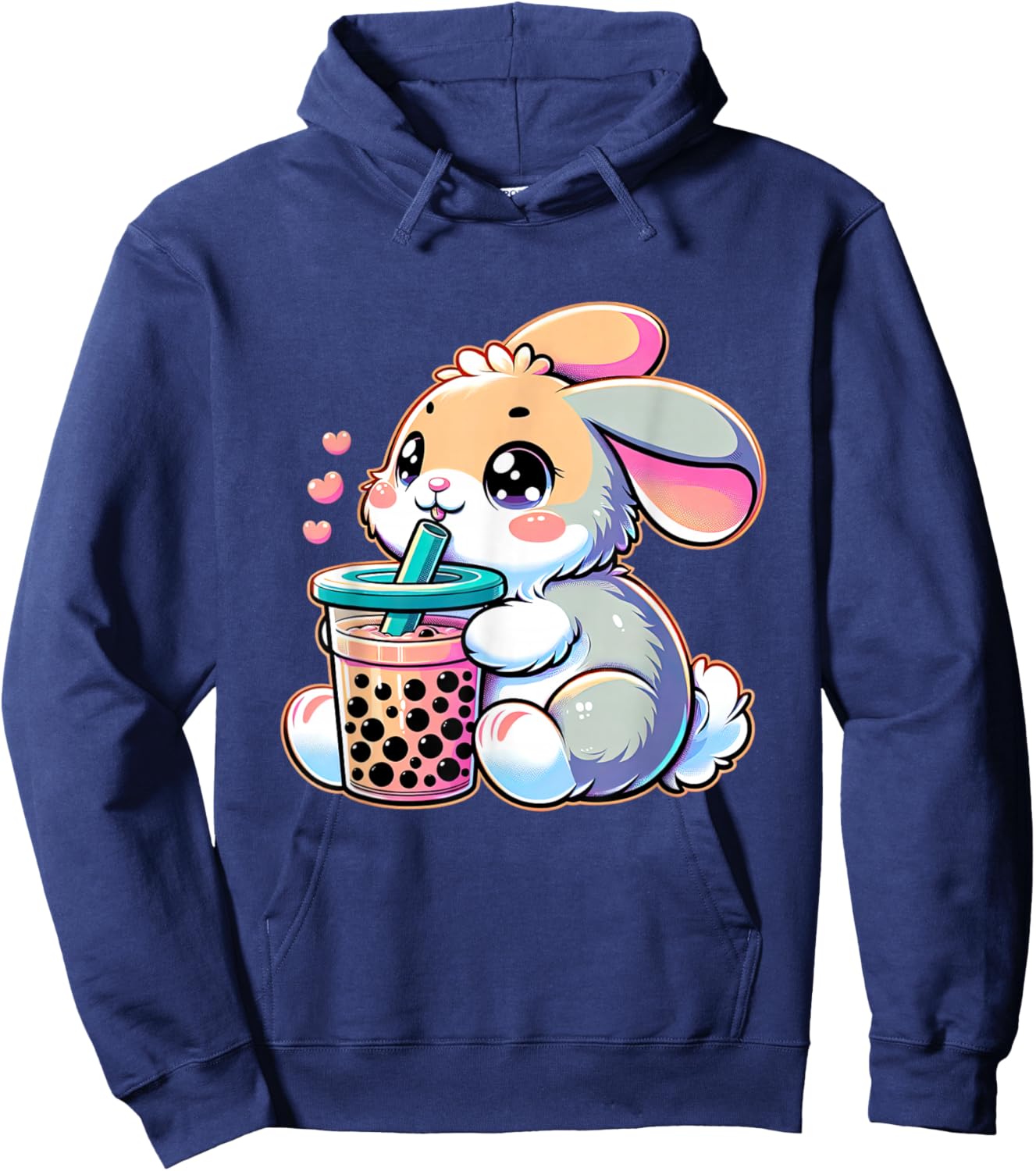 Cute Bunny Rabbit Drink Boba Tea Kawaii Easter For Kid Teen Hoodie - Hoodie | Navy