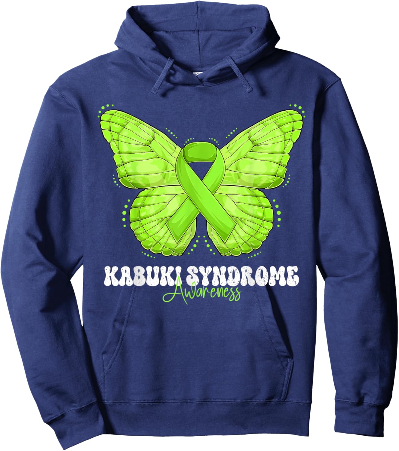 Kabuki Syndrome Awareness Month Lime Green Ribbon Butterfly Hoodie - Hoodie | Navy