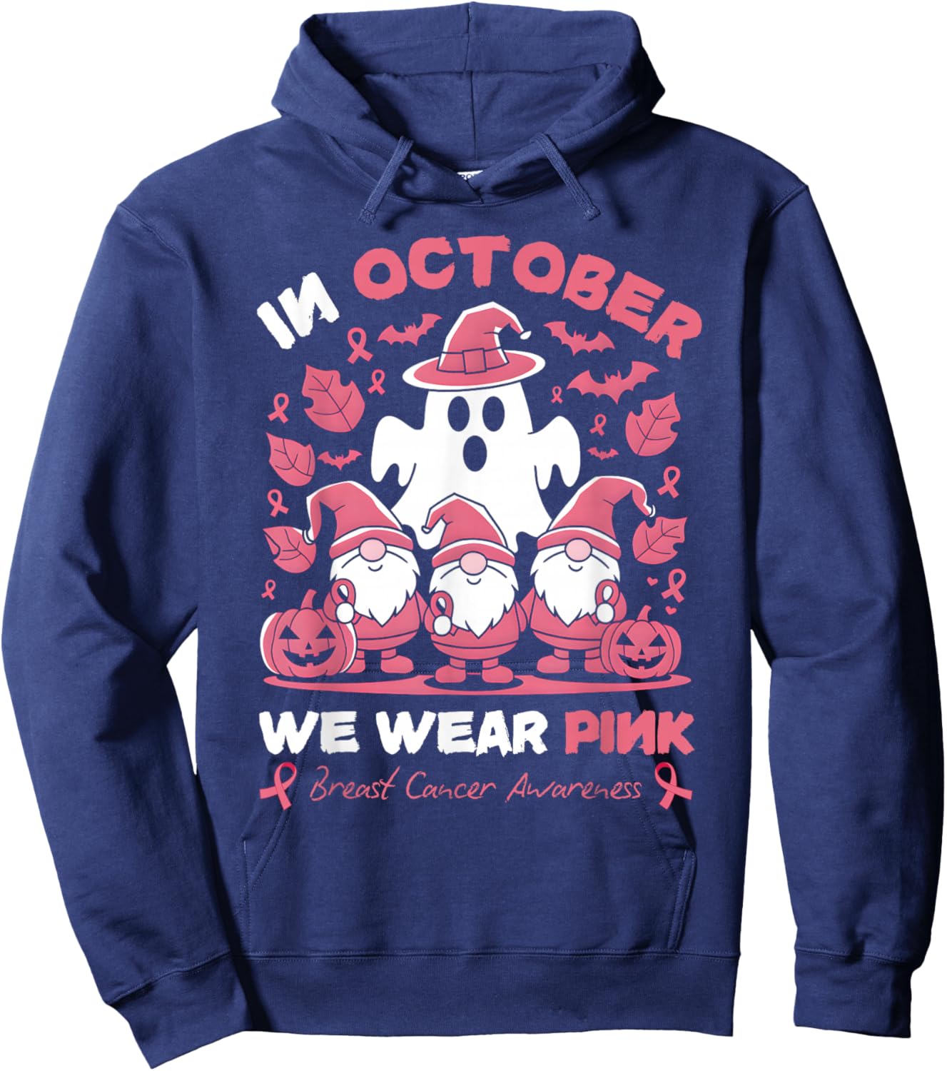 In October We Wear Pink Gnomes Ghost Breast Cancer Awareness Hoodie - Hoodie | Navy